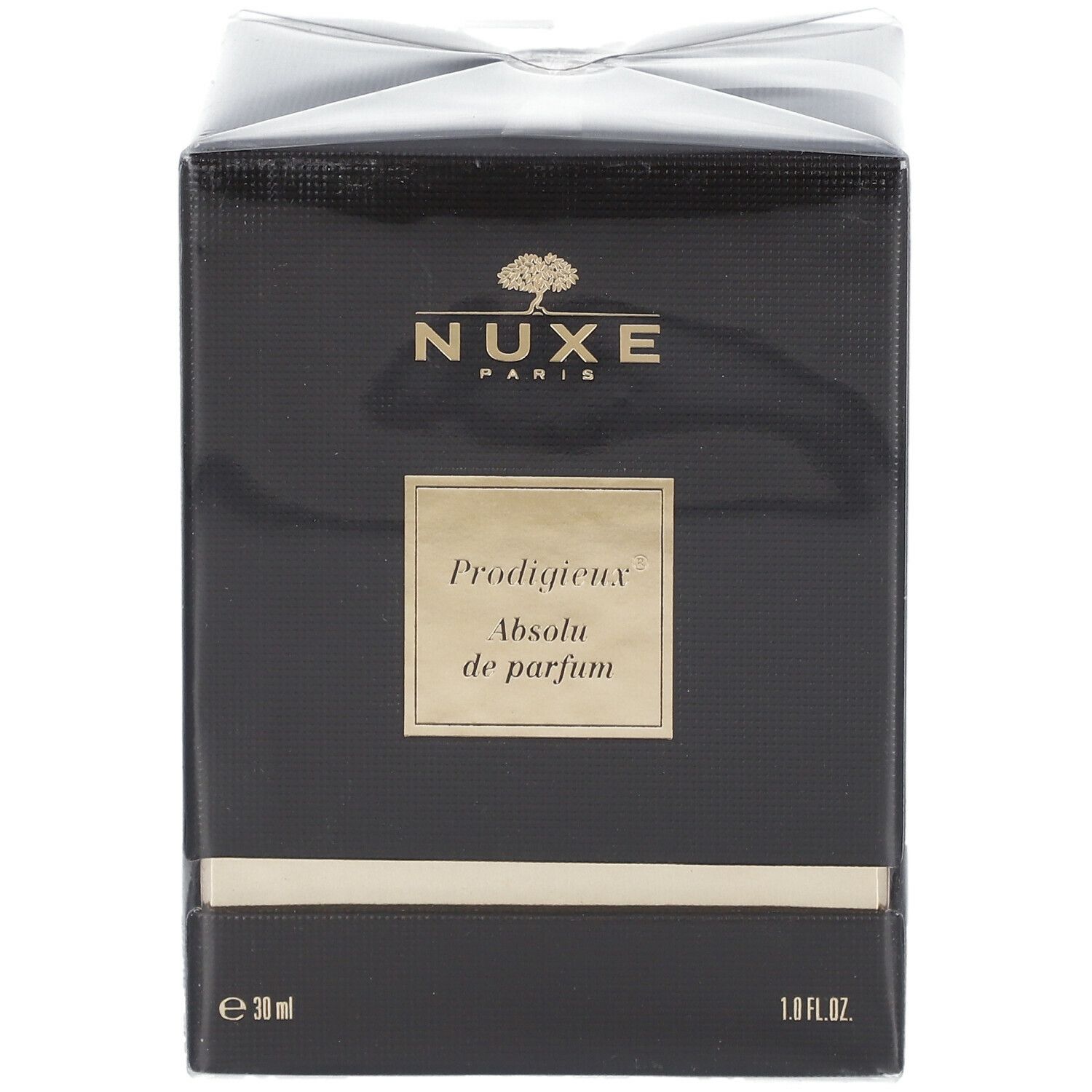 Boîte noire avec détails dorés. Inscription : NUXE Paris, Prodigieux Absolu de parfum.
