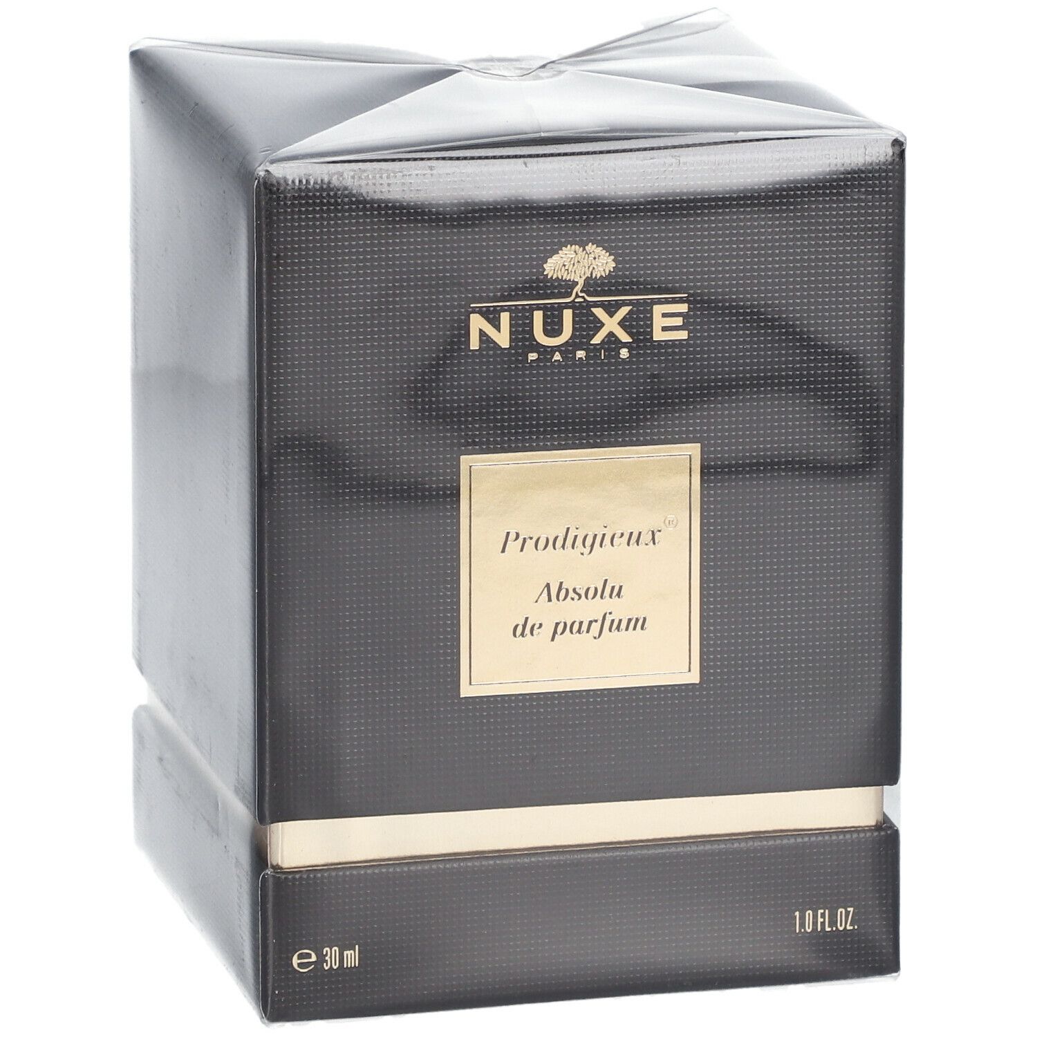 Boîte noire avec détails dorés. Inscription : NUXE Paris, Prodigieux Absolu de parfum.