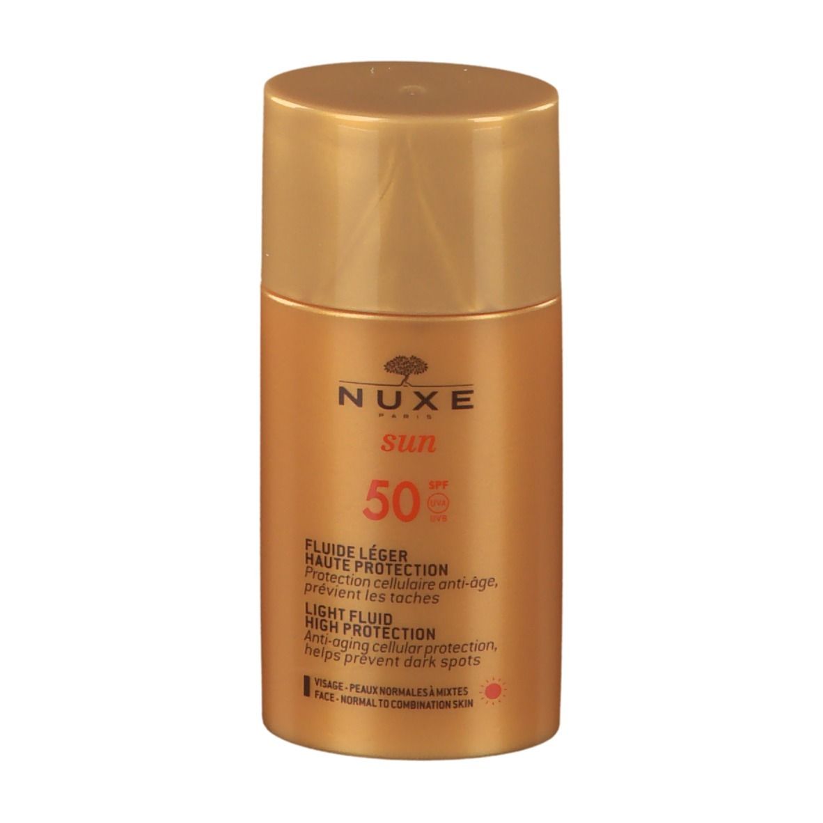 NUXE Sun Light Fluid SPF50. Flacone arancione. Testo: Sun, 50 SPF, Fluide Léger, Alta Protezione. Per pelli normali e miste.