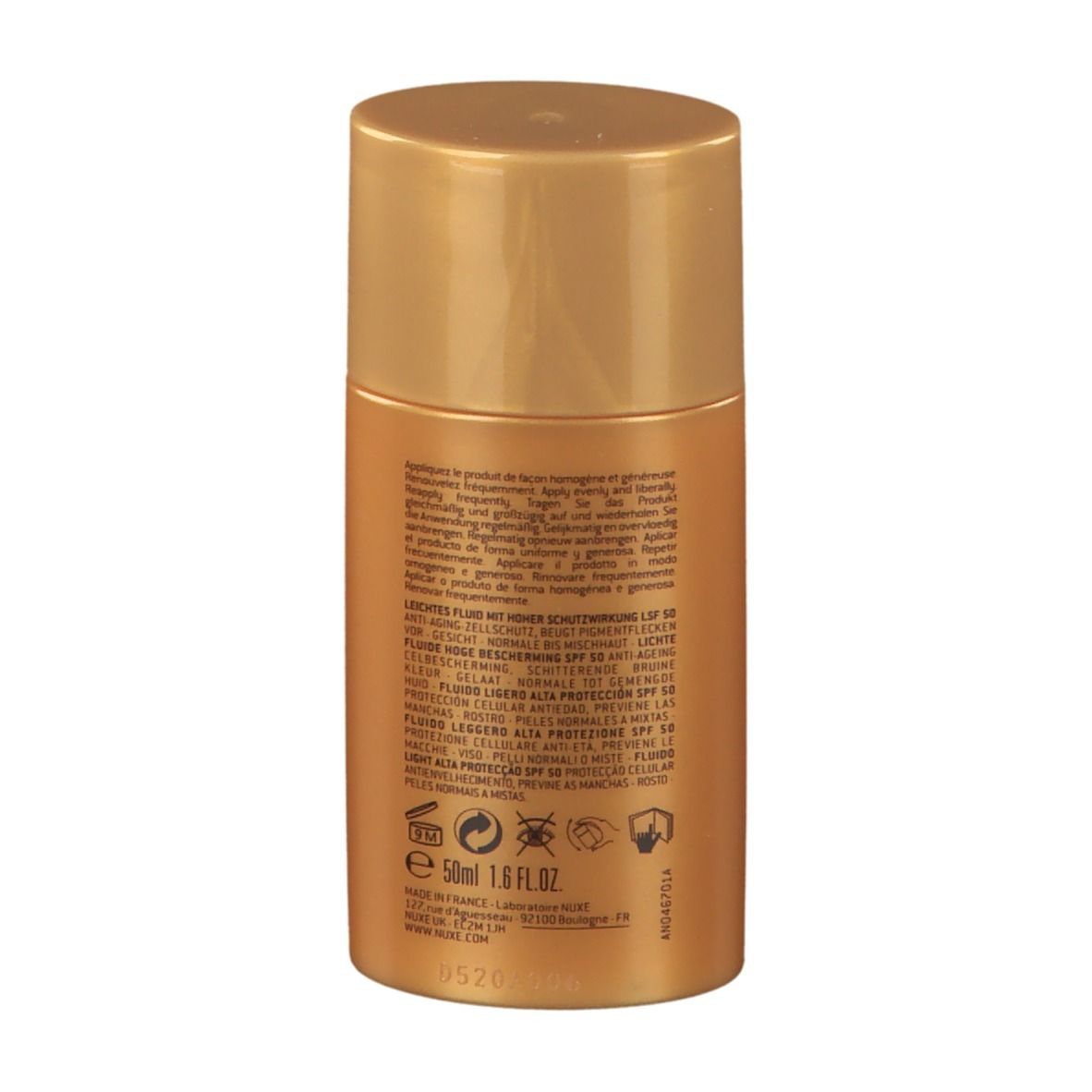 Retro del flacone NUXE Sun Light Fluid SPF50. Testo: Fluide Léger, Alta Protezione, 50 SPF. Ingredienti, informazioni produttore.