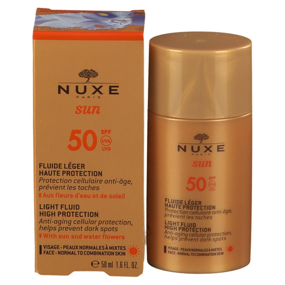 NUXE Sun Light Fluid SPF50 e confezione. Flacone e scatola arancioni. Testo: Sun, 50 SPF, Fluide Léger, Alta Protezione. Per pelli normali e miste.