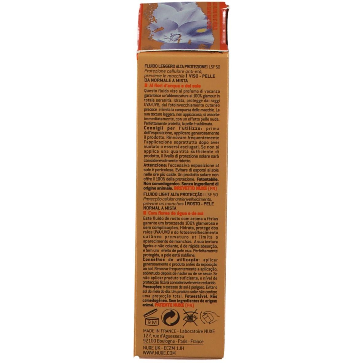 Retro della confezione NUXE Sun Light Fluid SPF50. Testo multilingue. Ingredienti, consigli per l'uso, informazioni produttore.