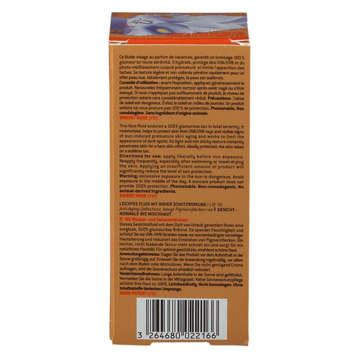 Retro della confezione NUXE Sun Light Fluid SPF50. Testo multilingue. Ingredienti, consigli per l'uso, informazioni produttore.