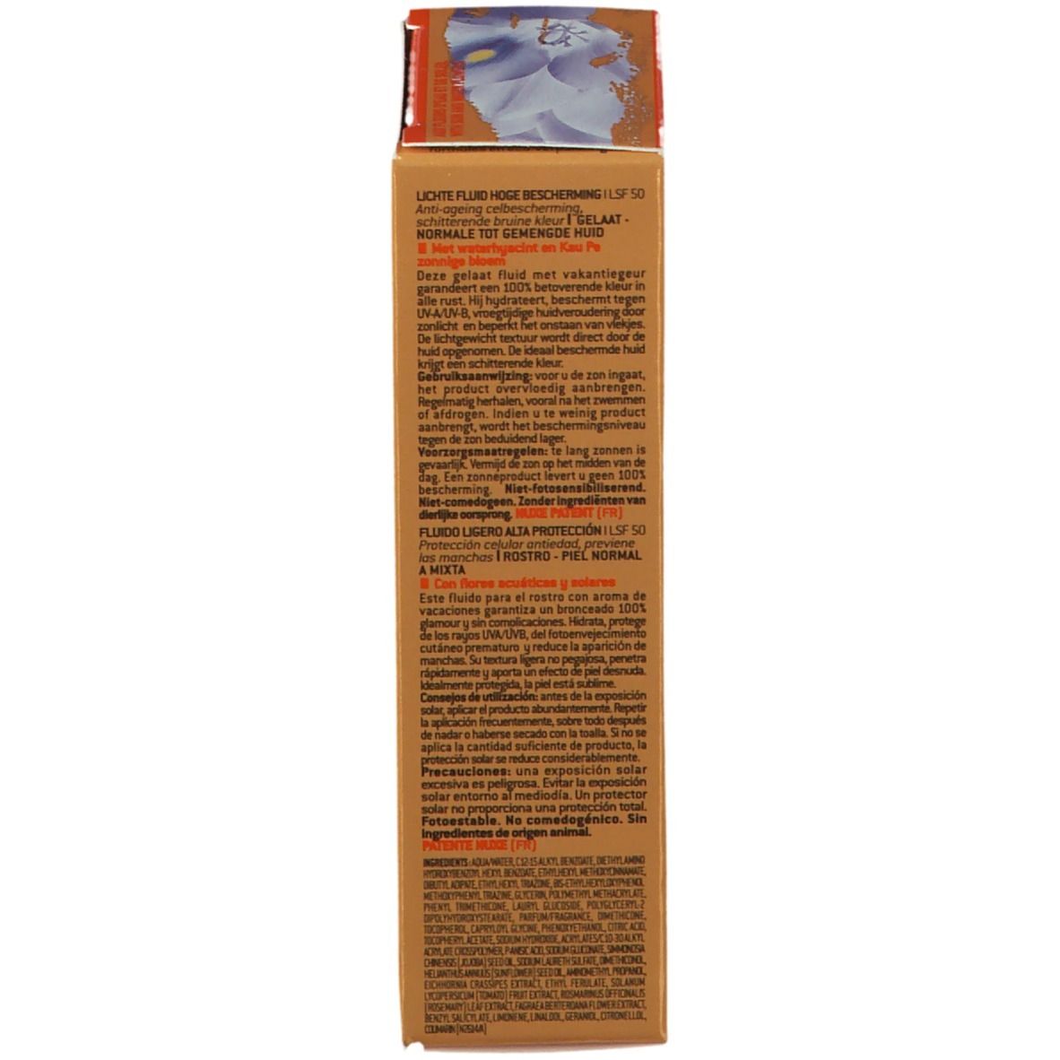 Retro della confezione NUXE Sun Light Fluid SPF50. Testo multilingue. Ingredienti, consigli per l'uso, informazioni produttore.