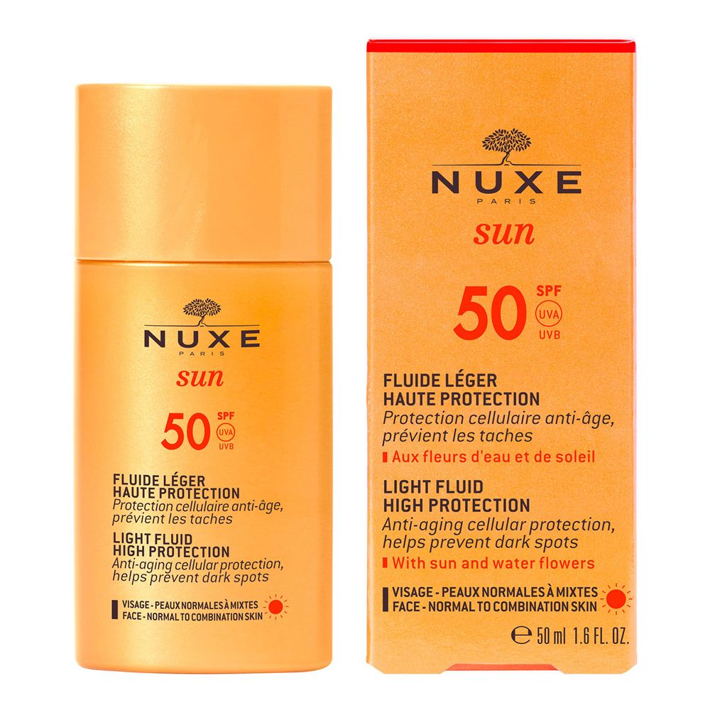 NUXE Sun Light Fluid SPF50 e confezione. Flacone e scatola arancioni. Testo: Sun, 50 SPF, Fluide Léger, Alta Protezione. Per pelli normali e miste.