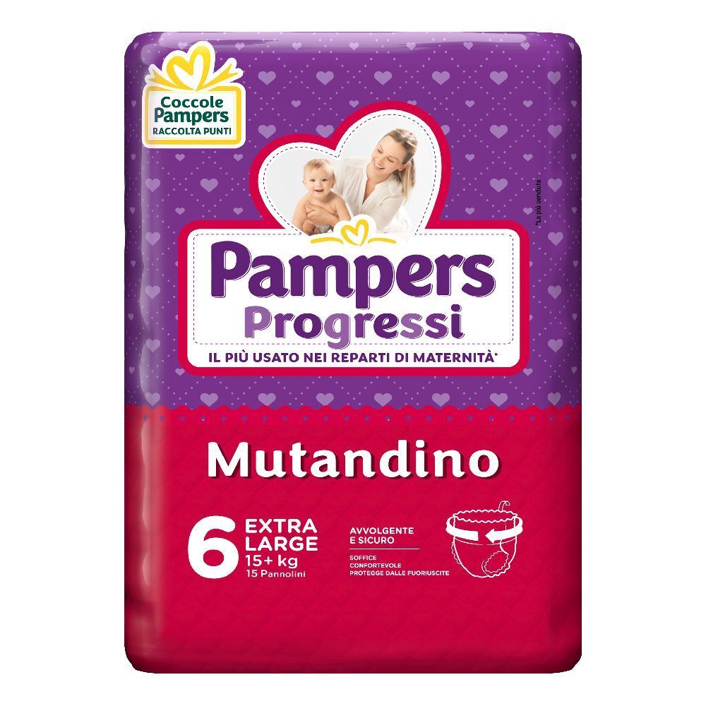 Confezione Pampers Progressi Mutandino Extralarge 16+ Kg. Confezione viola con illustrazione bambino. Taglia 6, 15+ kg, 15 pannolini.