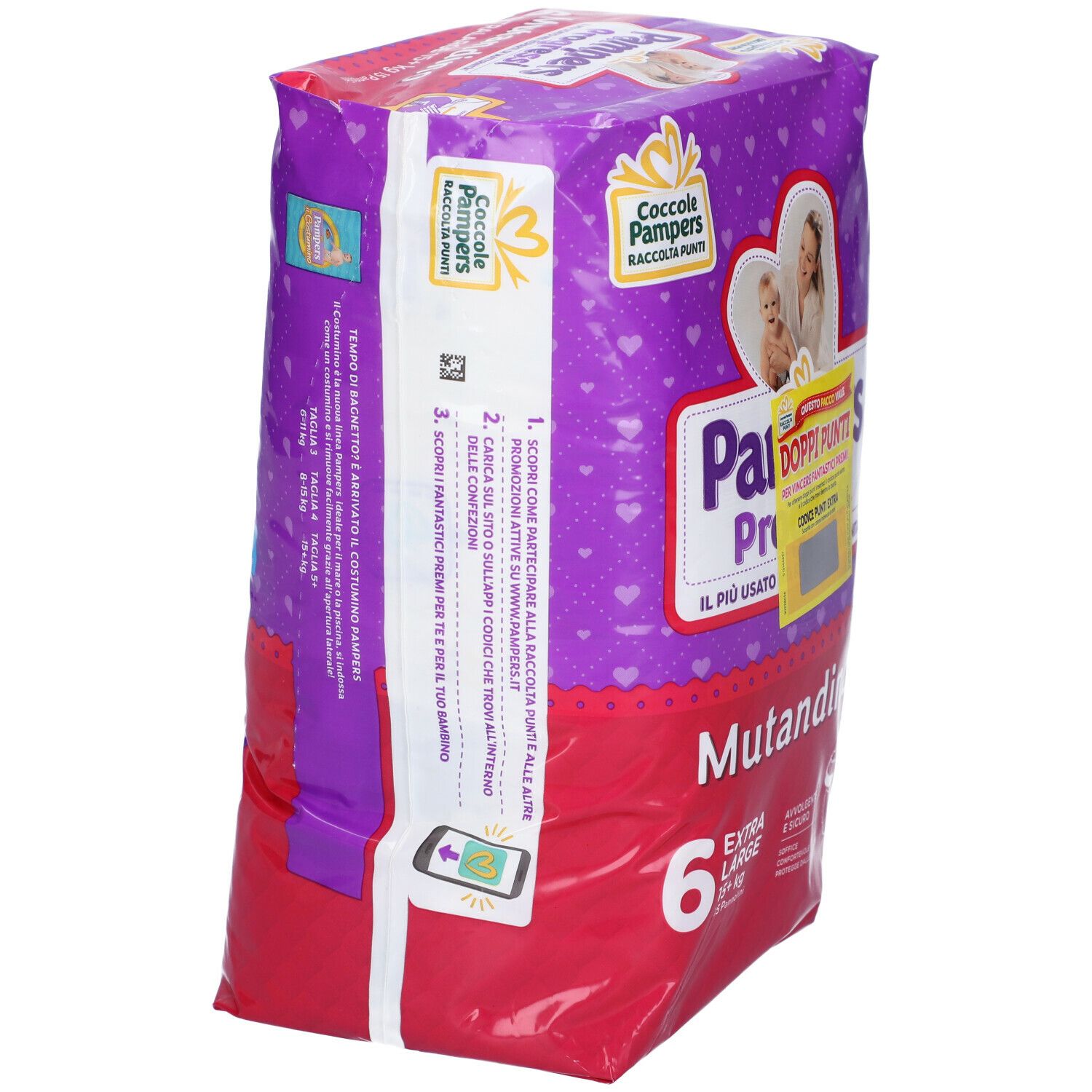 Pampers Progressi Mutandino Extralarge 16+ Kg. Confezione viola, vista laterale. Taglia 6, 15+ kg, 15 pannolini. Dettagli promozione punti.