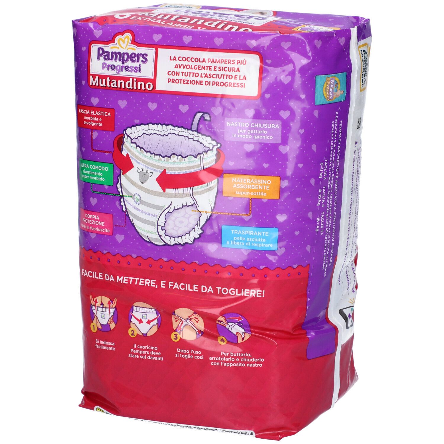 Retro confezione Pampers Progressi Mutandino Extralarge 16+ Kg. Illustrazione del pannolino. Caratteristiche del prodotto.