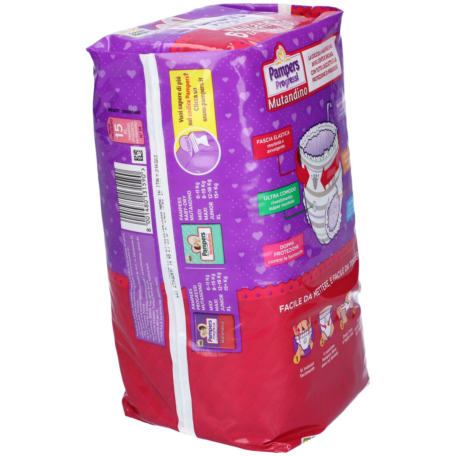Confezione Pampers Progressi Mutandino Extralarge 16+ Kg, vista laterale. Caratteristiche e informazioni taglie.