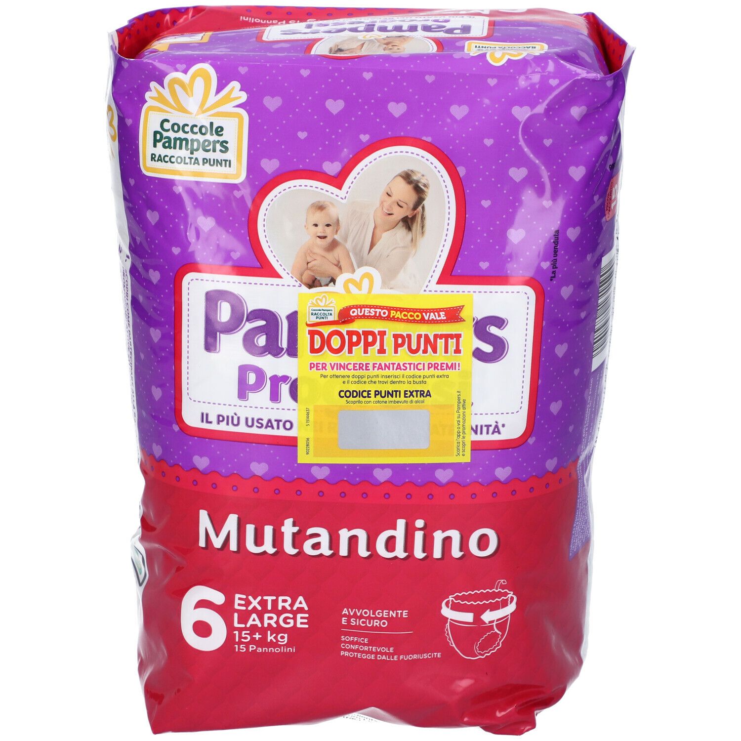 Confezione Pampers Progressi Mutandino Extralarge 16+ Kg. Confezione viola con adesivo punti doppi. Taglia 6, 15+ kg, 15 pannolini.