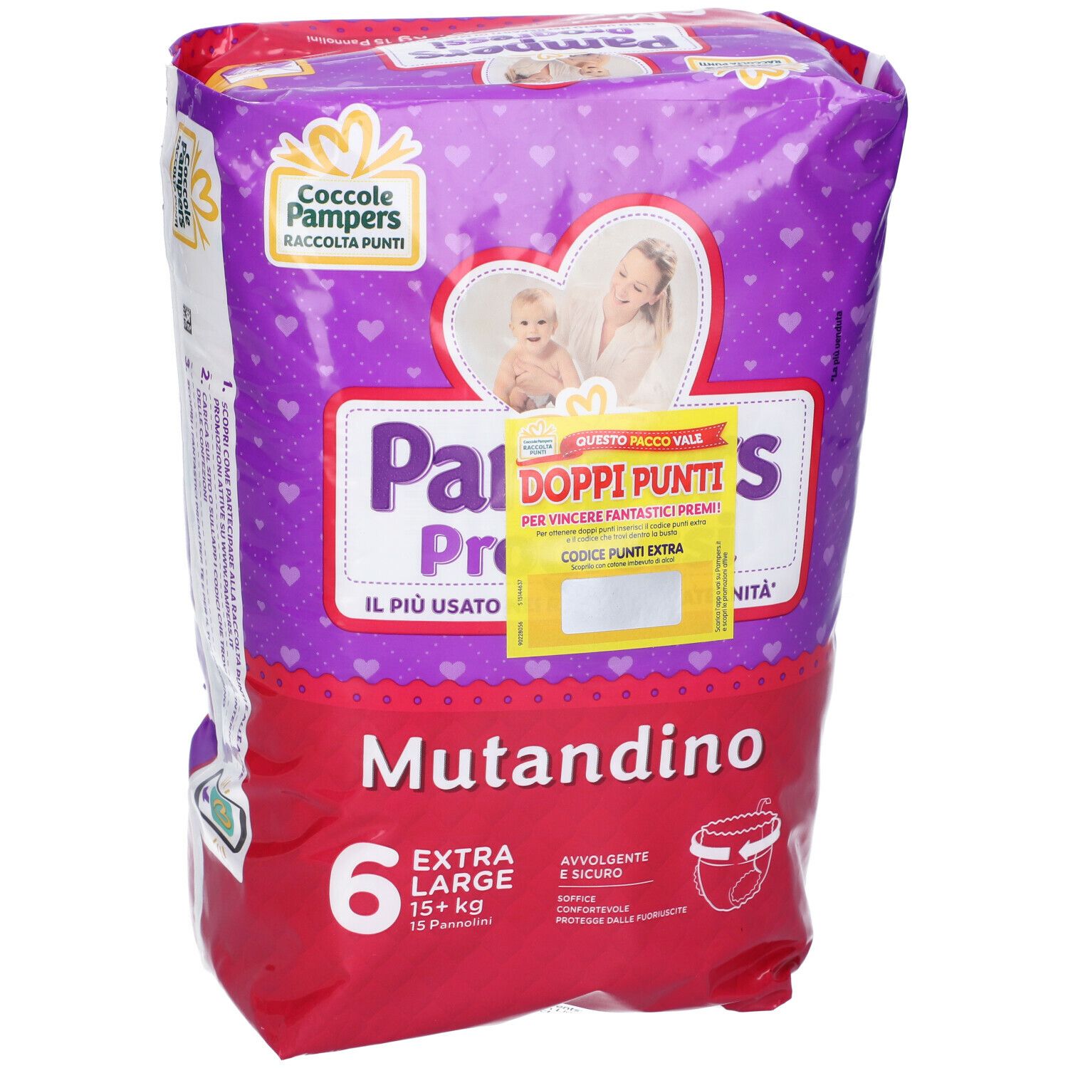 Confezione Pampers Progressi Mutandino Extralarge 16+ Kg. Confezione viola con adesivo punti doppi. Taglia 6, 15+ kg, 15 pannolini.