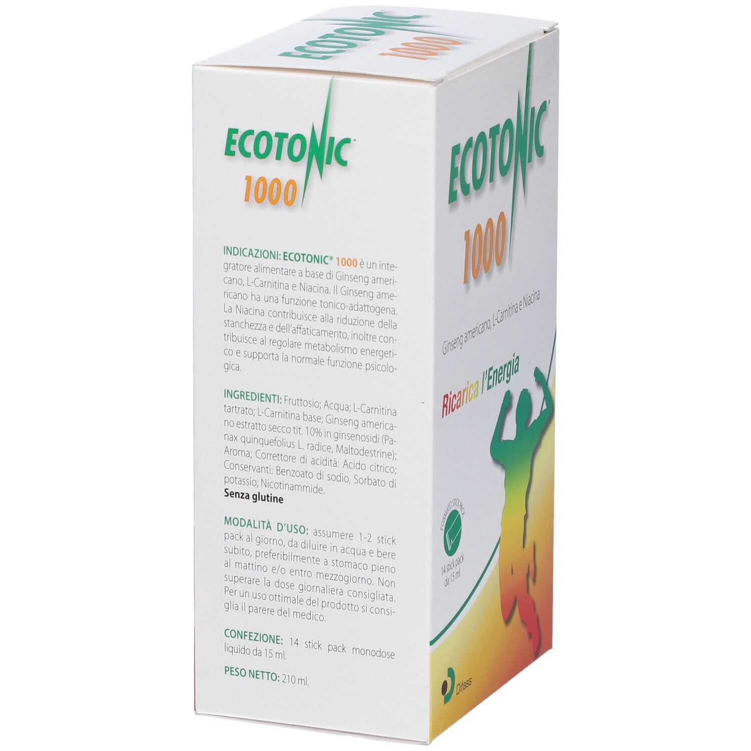 Scatola bianca con nome e logo del prodotto. Testo: Indicazioni Ecotonic 1000. Contiene un elenco degli ingredienti.