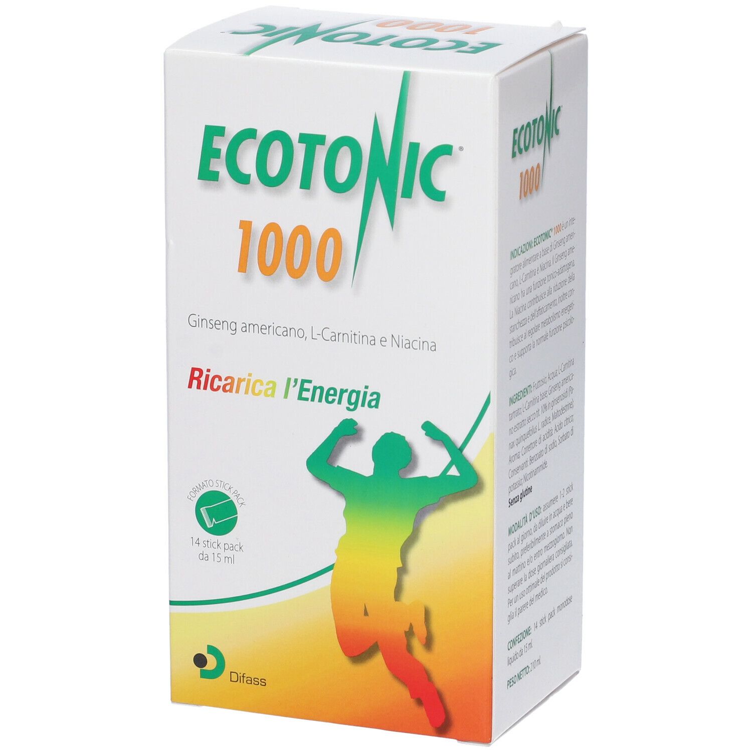 Scatola bianca con nome e logo del prodotto. Testo: Ginseng americano, L-Carnitina e Niacina. 14 Stick Pack da 15 ml.