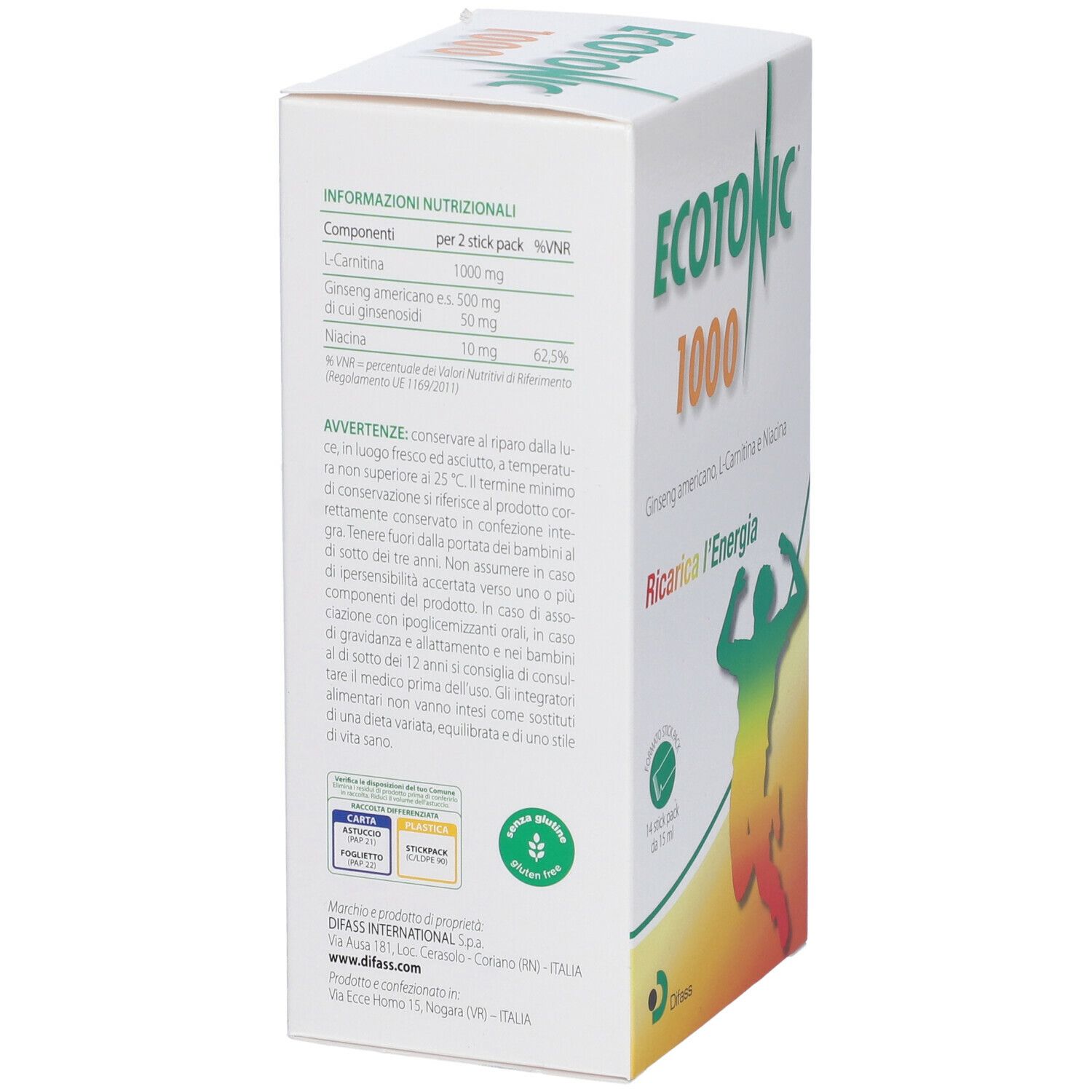 Scatola bianca con nome e logo del prodotto. Testo: Informazioni nutrizionali. Contiene una tabella degli ingredienti.