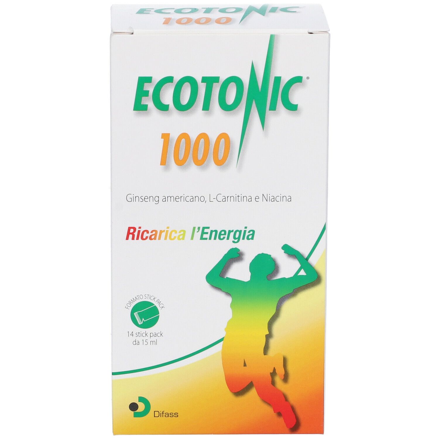 Scatola bianca con nome e logo del prodotto. Testo: Ginseng americano, L-Carnitina e Niacina. 14 Stick Pack da 15 ml.