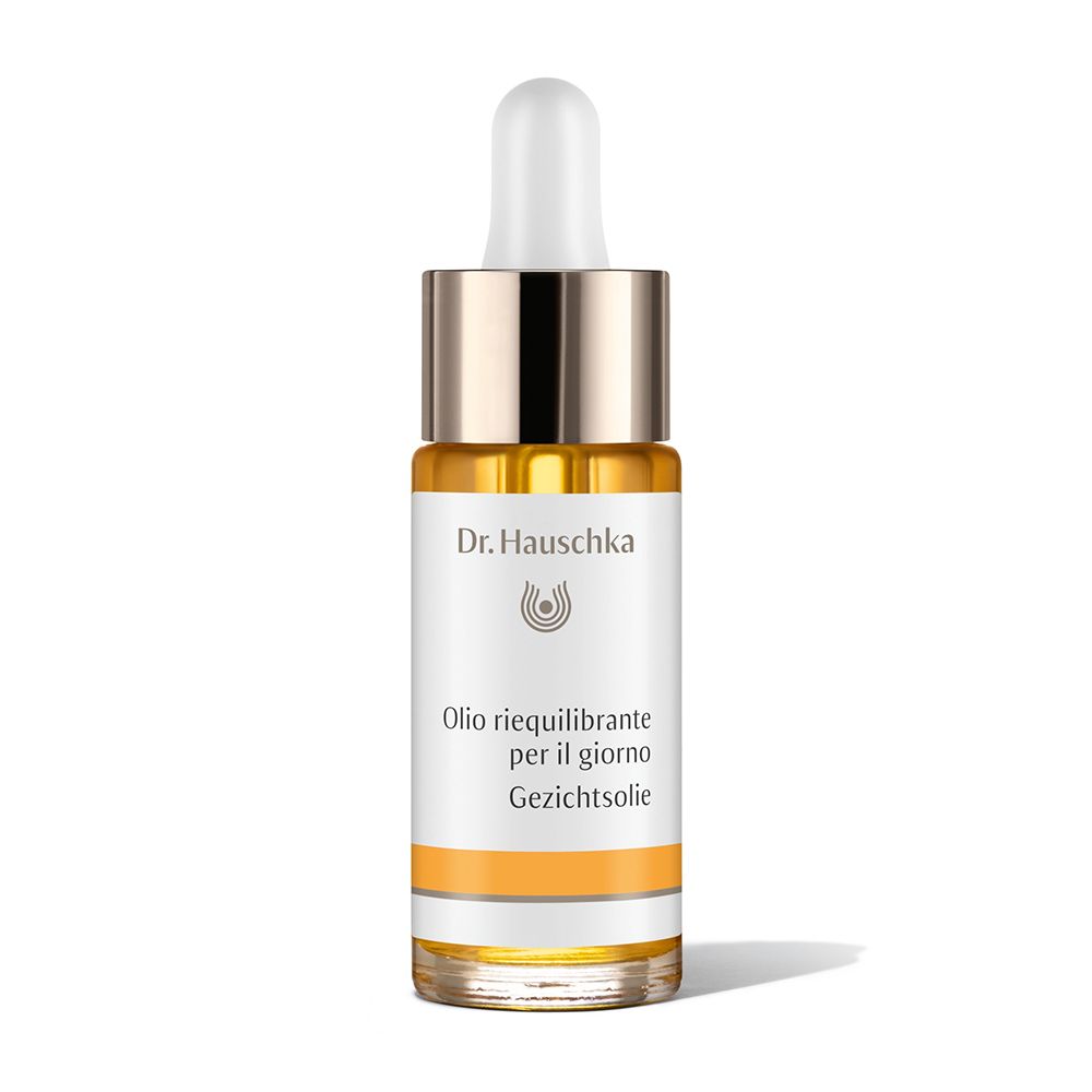 Gesichtsöl-Flasche mit Pipette. Etikett mit Dr. Hauschka-Logo und Produktbezeichnung.