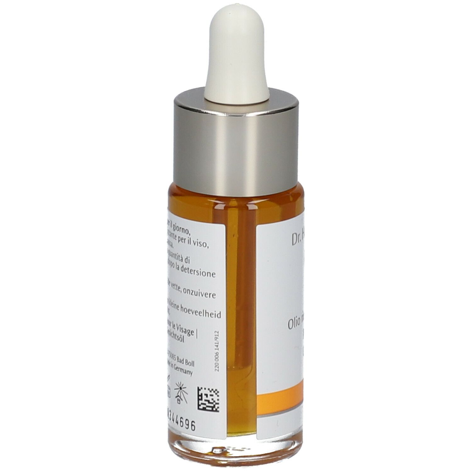 Rückansicht der Gesichtsöl-Flasche. Etikett mit Produktinformationen und Chargennummer.