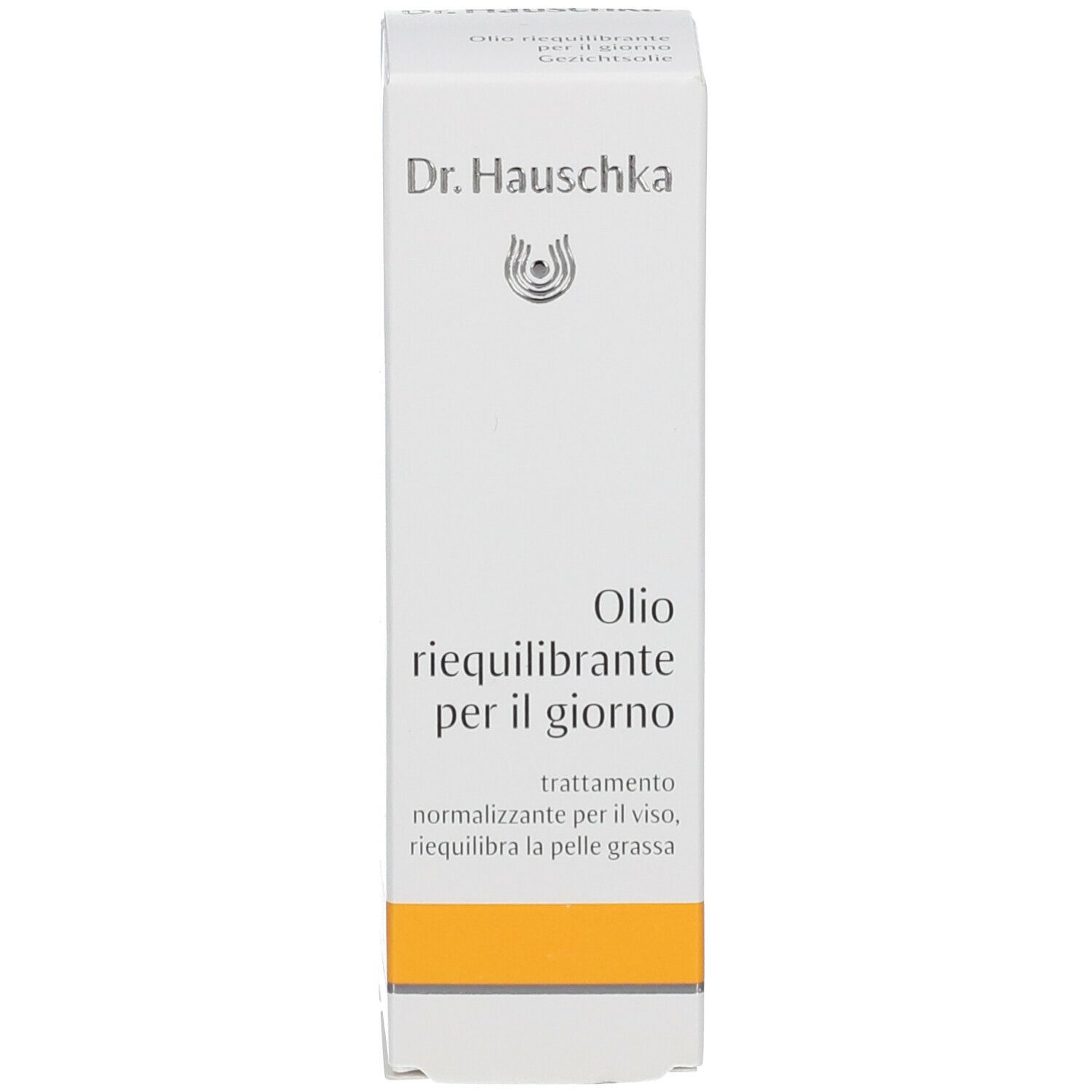 Weiße Verpackung mit Dr. Hauschka-Logo und Produktbezeichnung. Orangefarbener Streifen am unteren Rand.