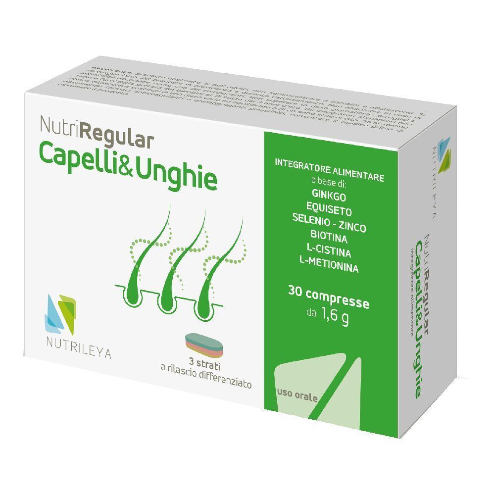 Scatola di NutriRegular Capelli & Unghie. Contiene 30 compresse. Scritto: Integratore alimentare.