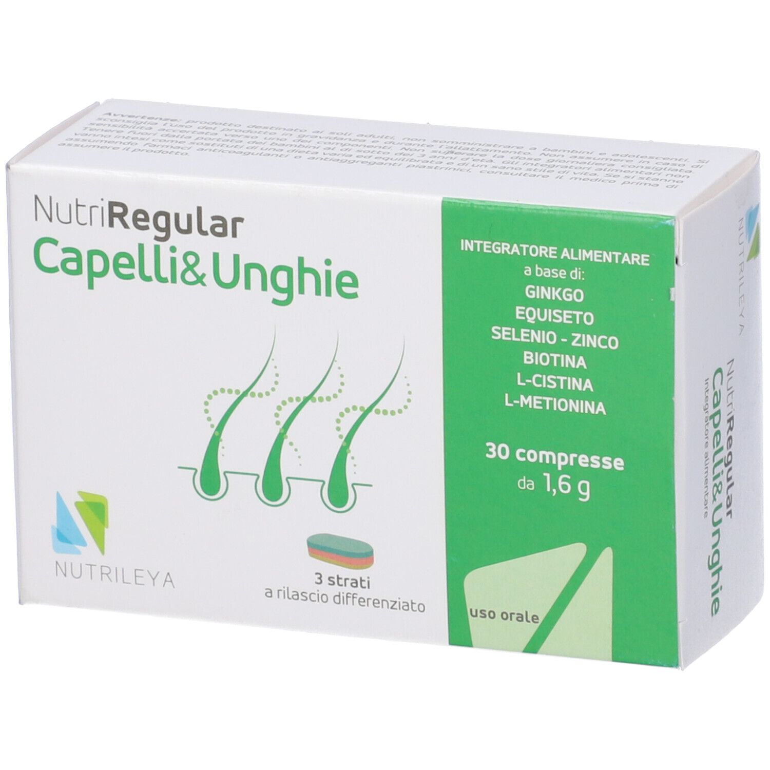 Scatola di NutriRegular Capelli & Unghie. Contiene 30 compresse. Scritto: Integratore alimentare.
