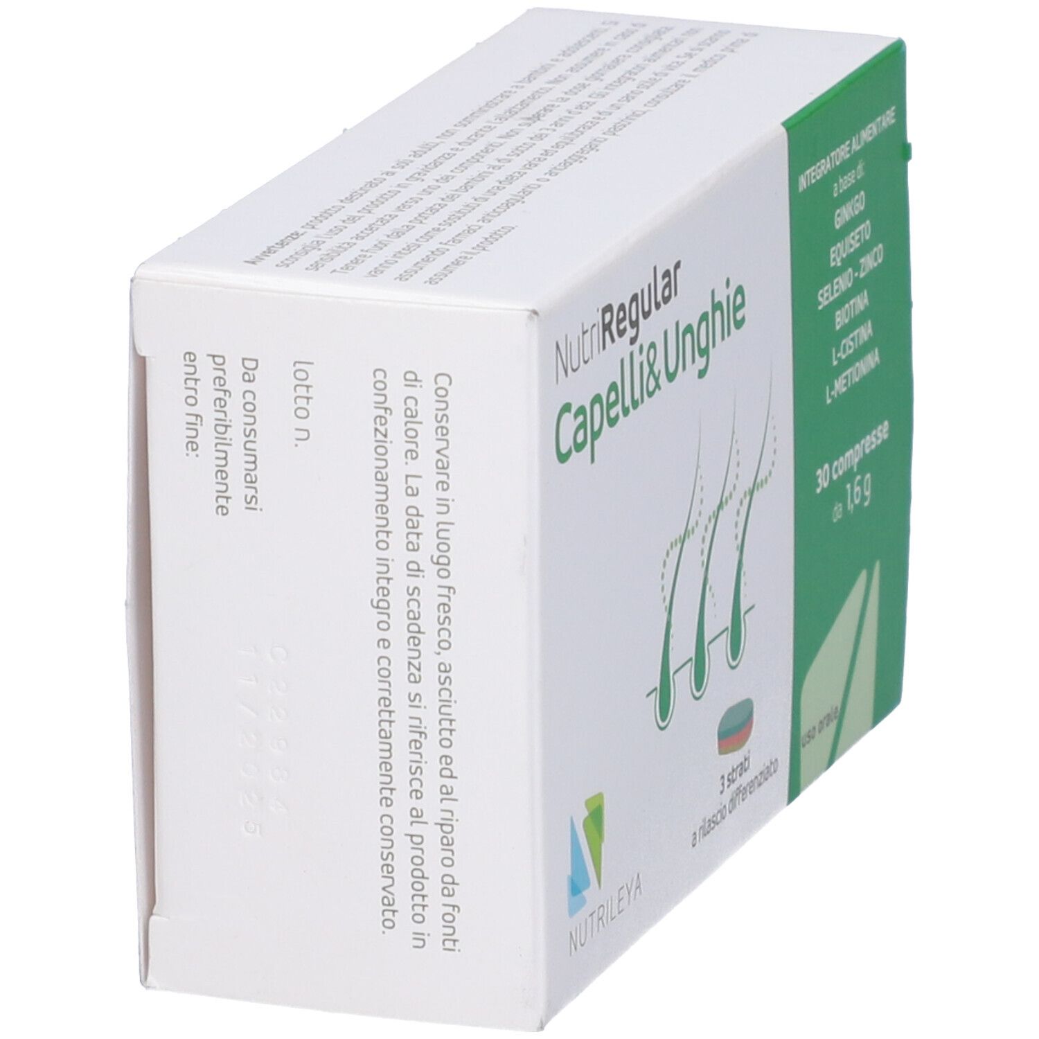 Scatola di NutriRegular Capelli & Unghie. Contiene 30 compresse. Scritto: Integratore alimentare.