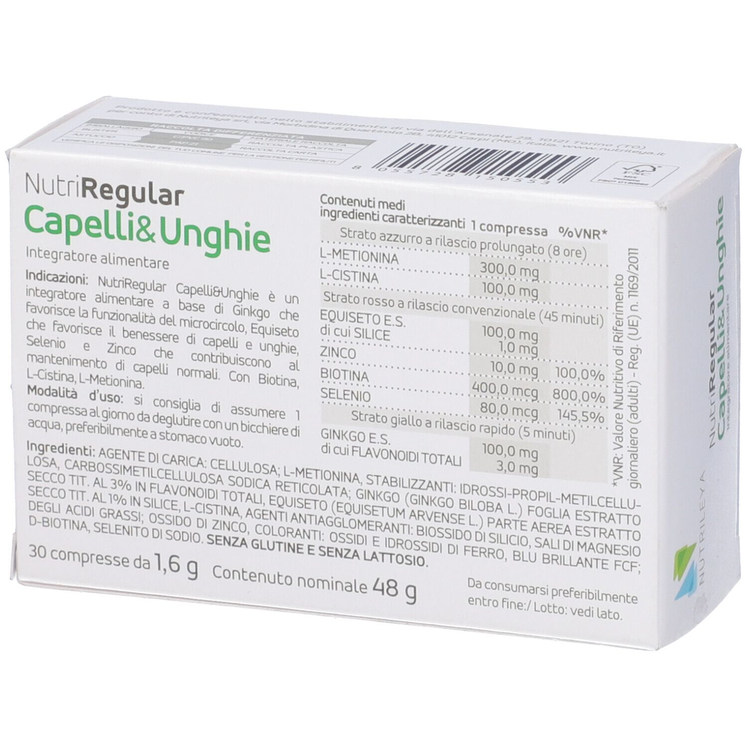 Scatola di NutriRegular Capelli & Unghie. Contiene 30 compresse. Scritto: Integratore alimentare.