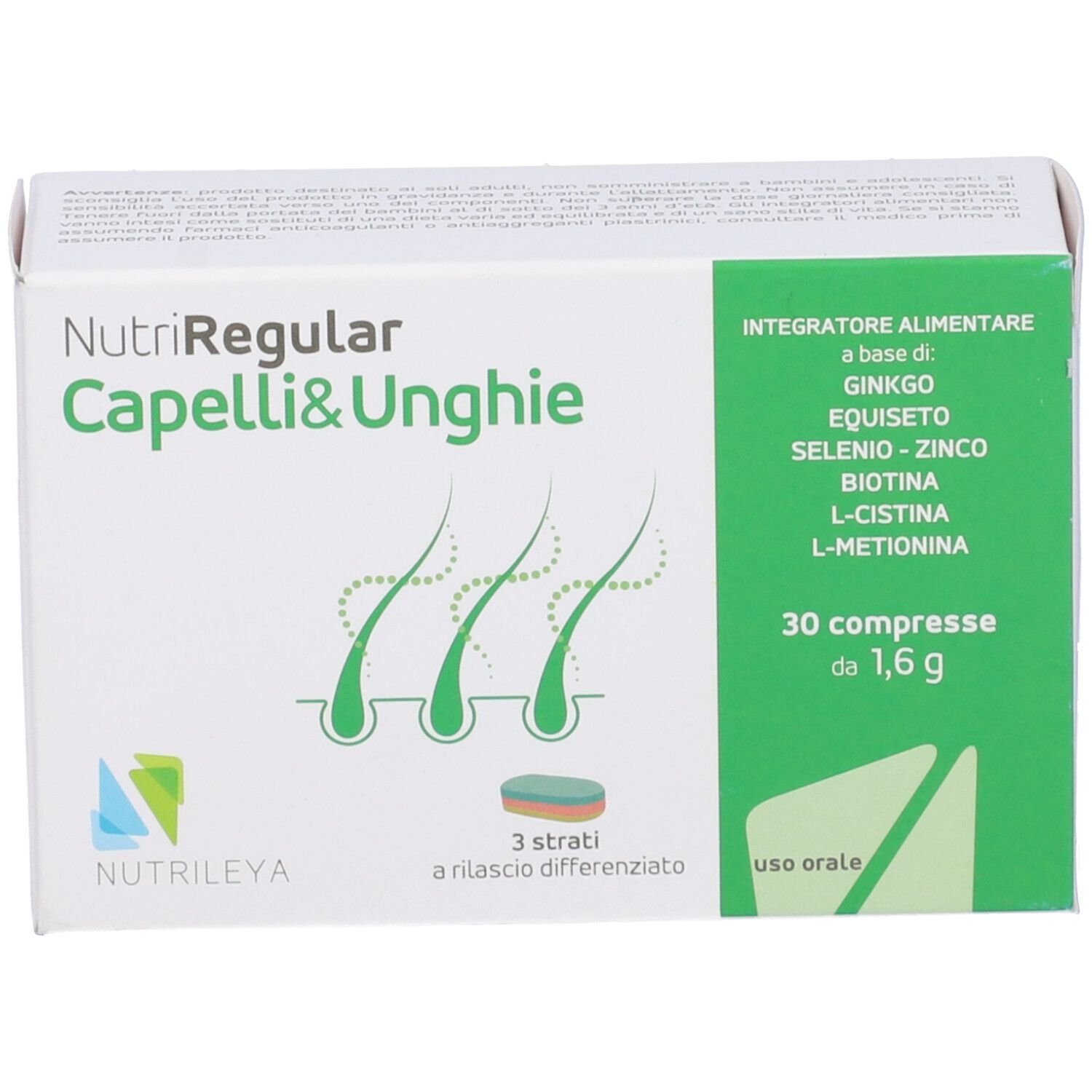Scatola di NutriRegular Capelli & Unghie. Contiene 30 compresse. Scritto: Integratore alimentare.
