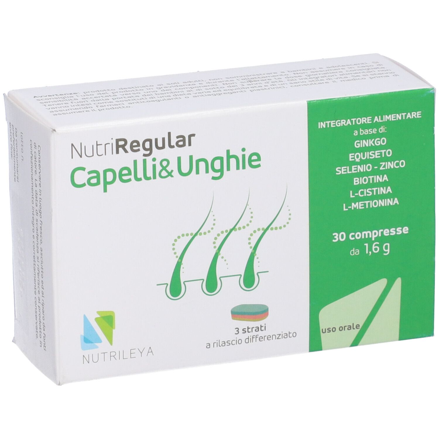 Scatola di NutriRegular Capelli & Unghie. Contiene 30 compresse. Scritto: Integratore alimentare.