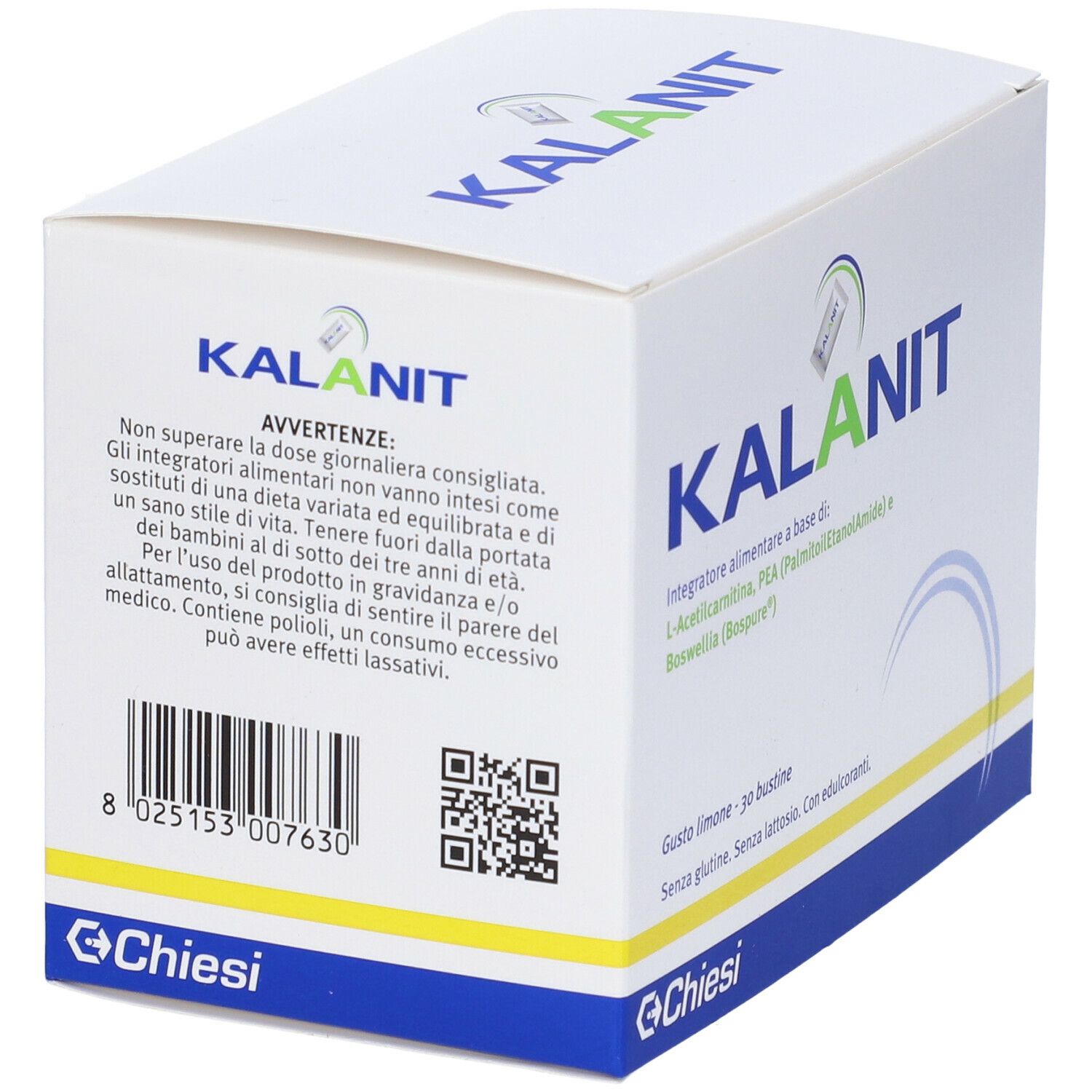 Scatola bianca con scritta blu KALANIT. Testo e codice QR. Marchio Chiesi.