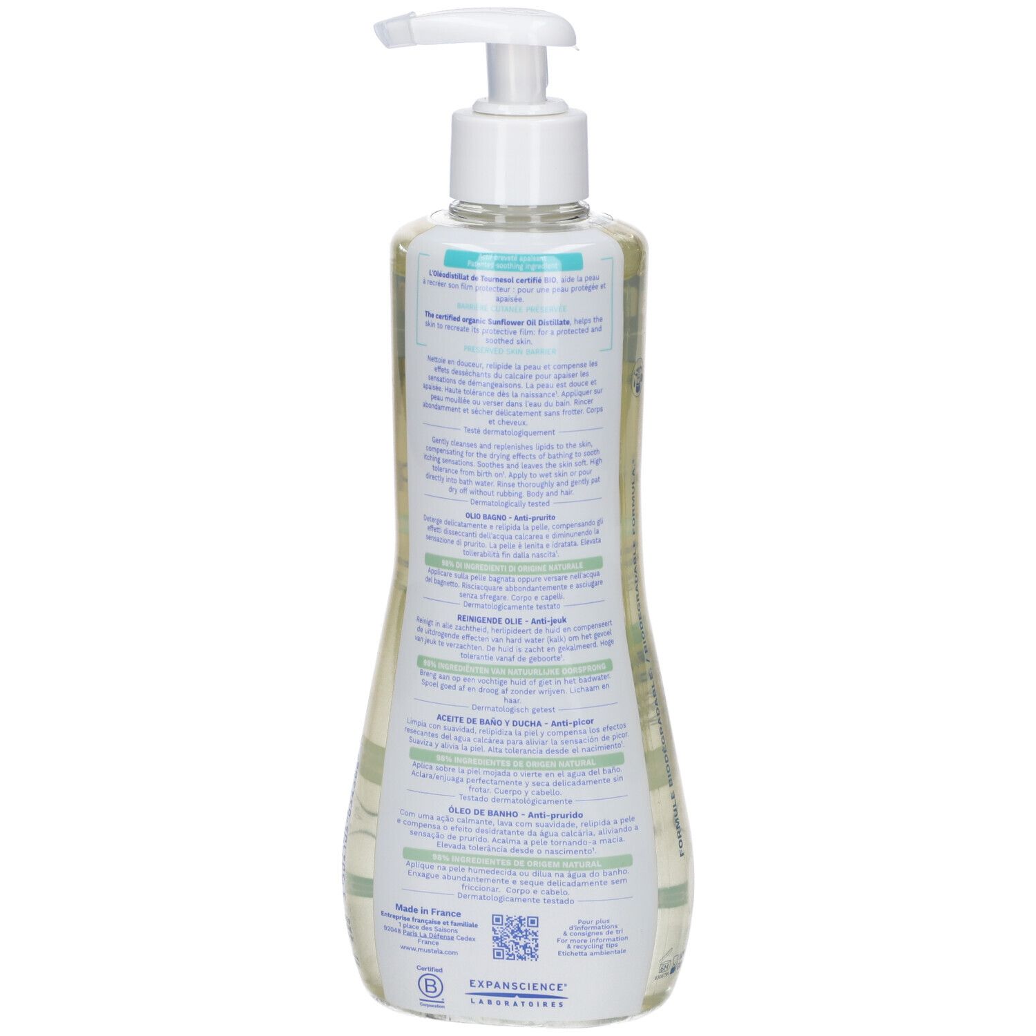 Flasche mit Pumpspender, klare Flüssigkeit, Etikett mit Produktinformationen.