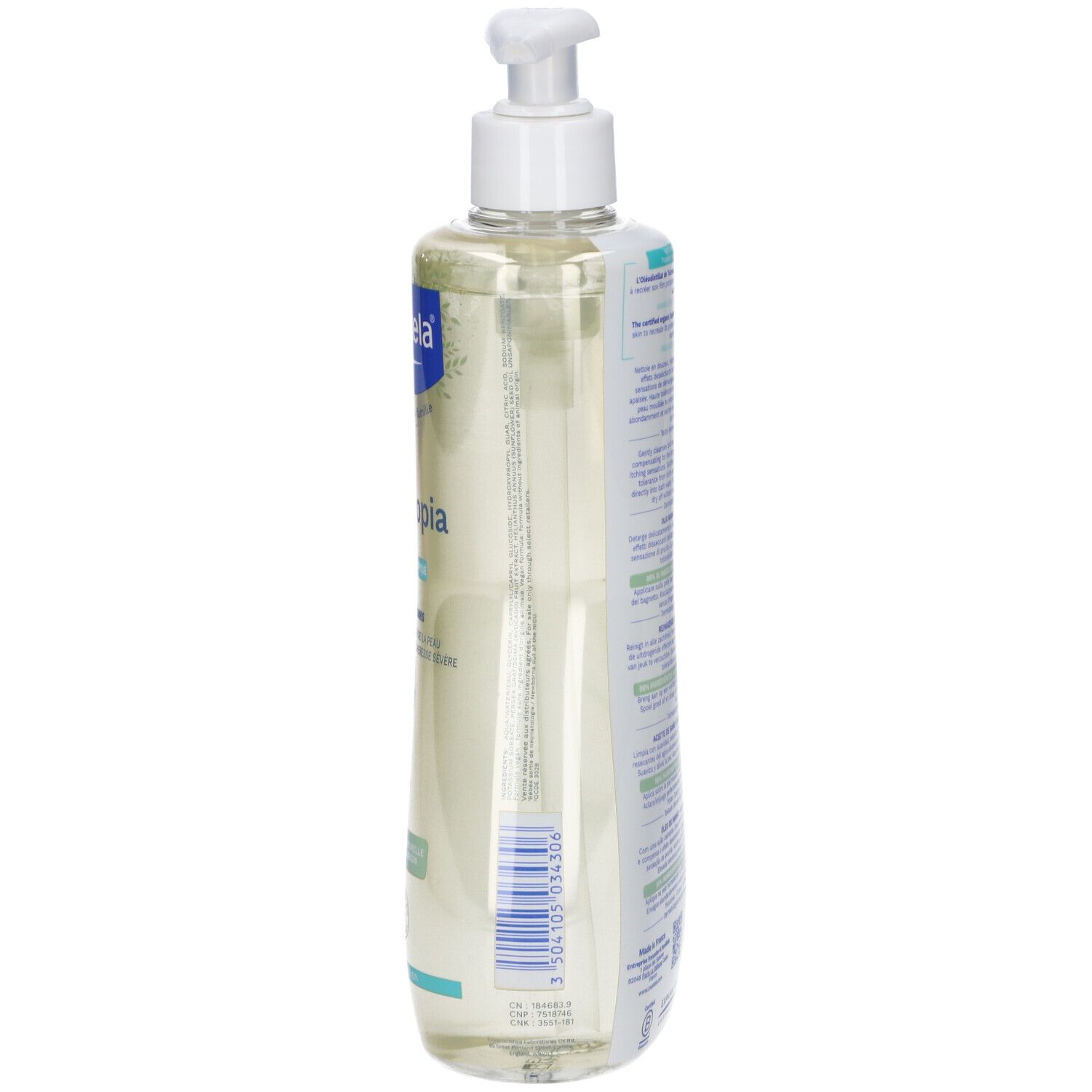 Klare Flüssigkeit in durchsichtiger Flasche mit weißem Pumpspender. Etikett mit blauen und türkisen Akzenten.