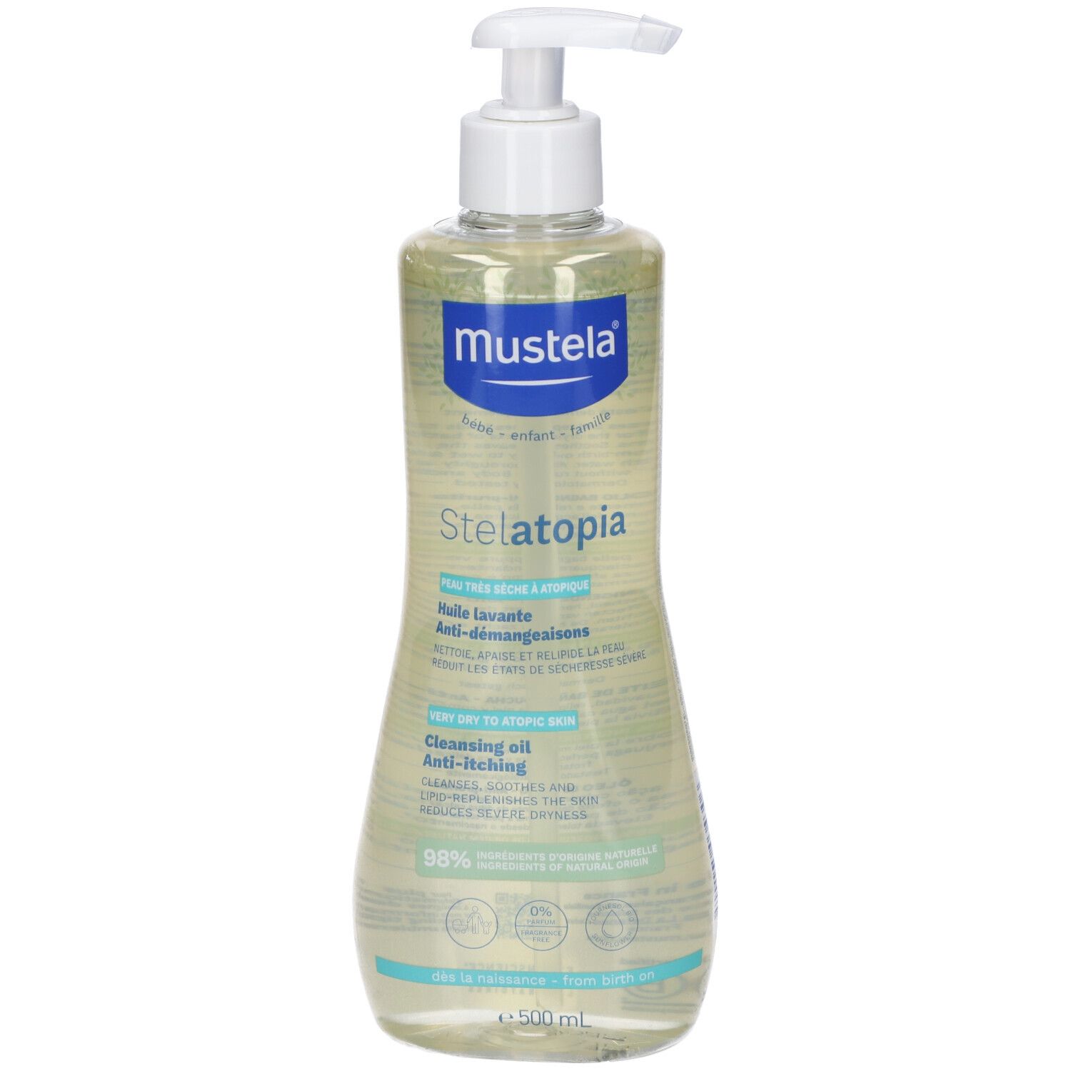 Mustela Stelatopia Cleansing Oil Flasche mit Pumpspender, 500 ml.