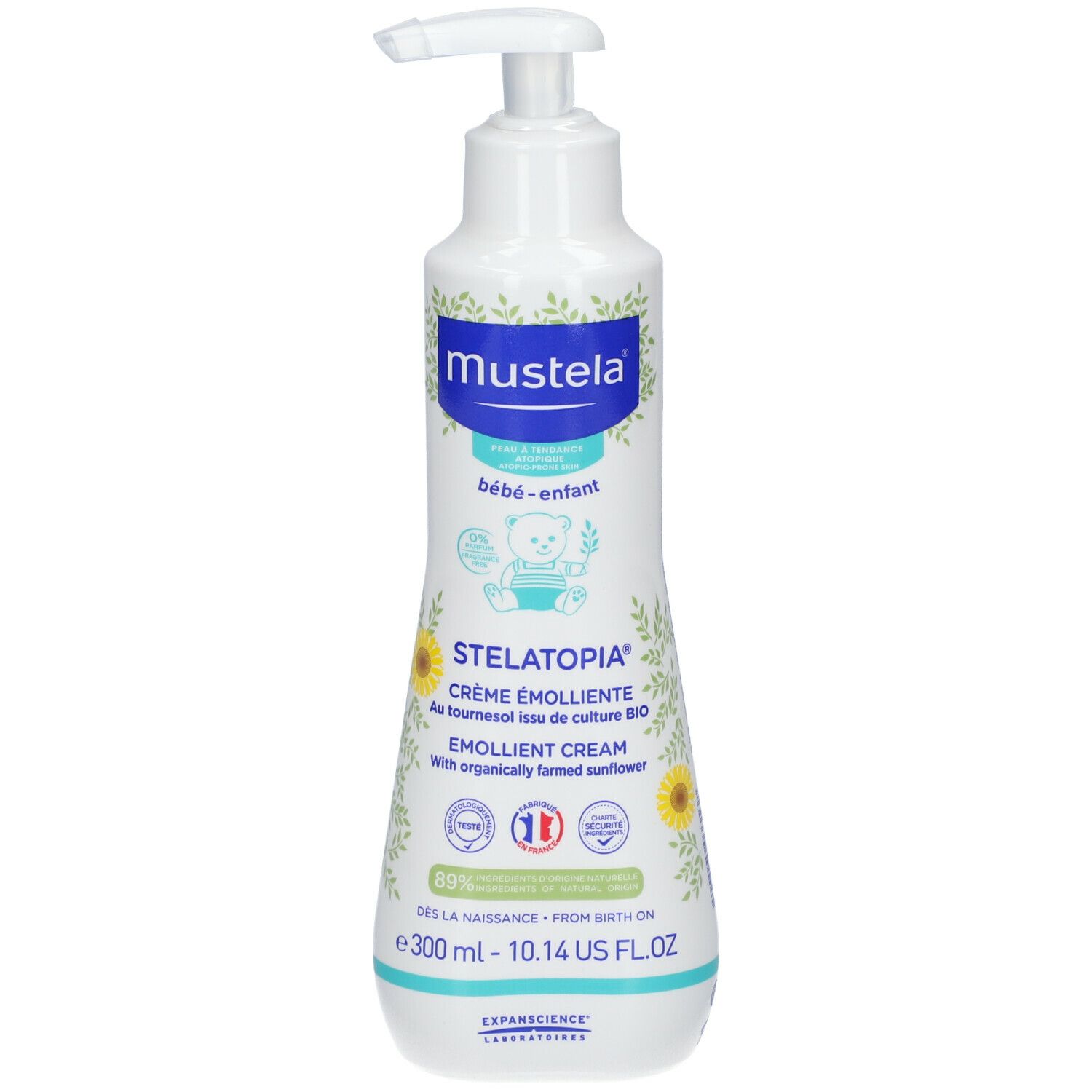 Flacone bianco con dosatore. Scritte Mustela, Stelatopia, crema. Illustrazioni di girasoli e 300 ml.