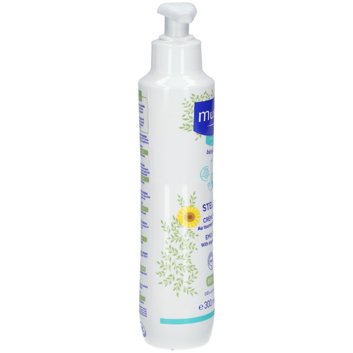 Flacone bianco con dosatore. Scritte Mustela, Stelatopia, crema. Illustrazioni di girasoli e 300 ml.