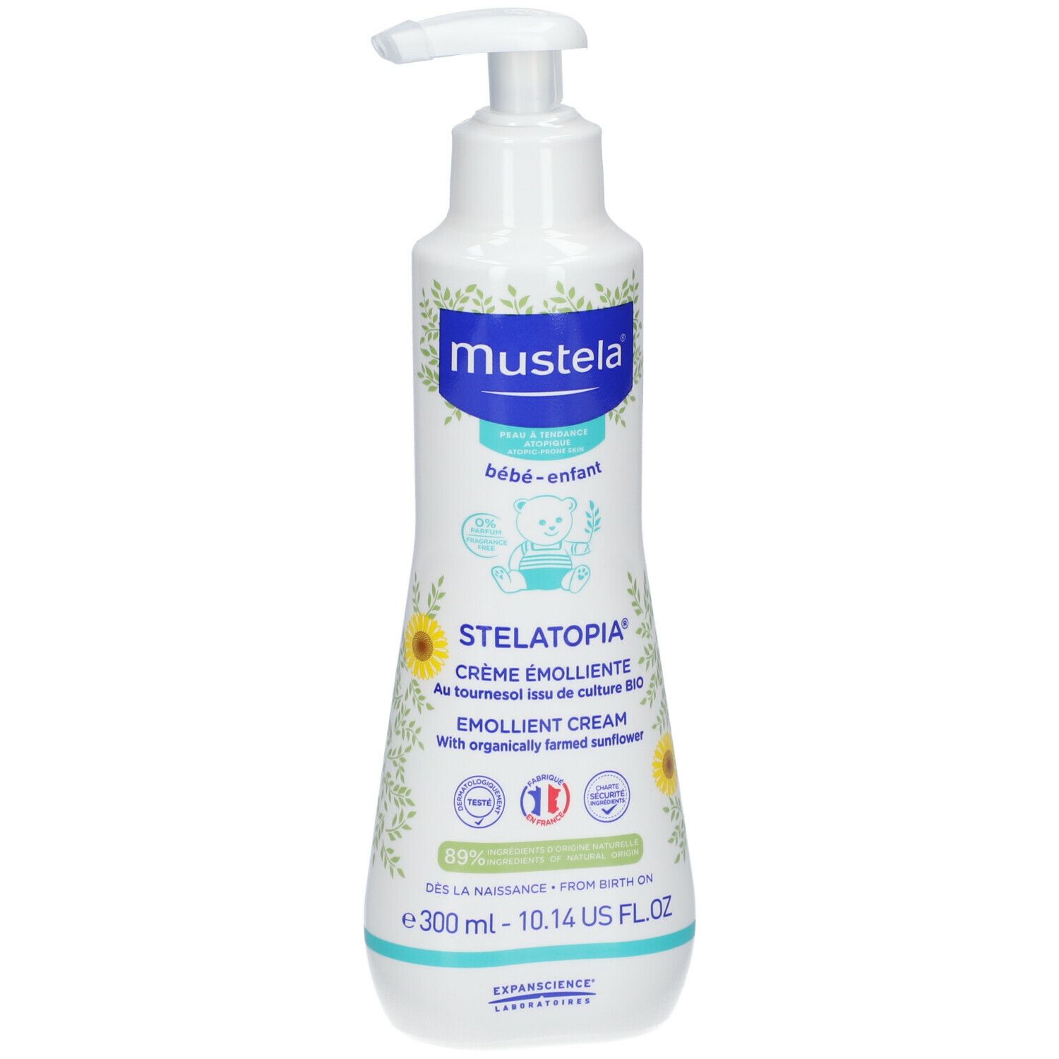 Flacone bianco con dosatore. Scritte Mustela, Stelatopia, crema. Illustrazioni di girasoli e 300 ml.
