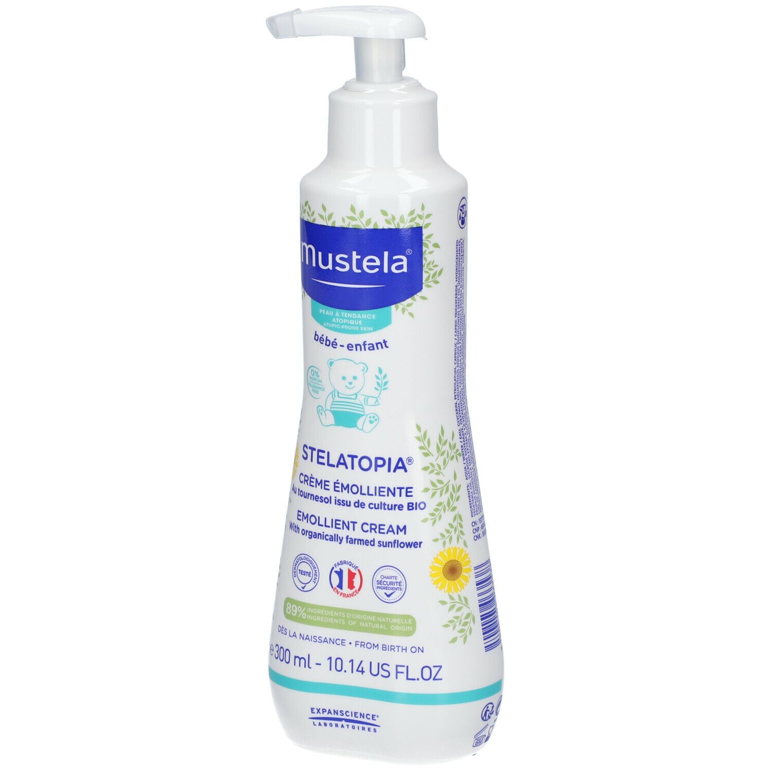 Flacone bianco con dosatore. Scritte Mustela, Stelatopia, crema. Illustrazioni di girasoli e 300 ml.