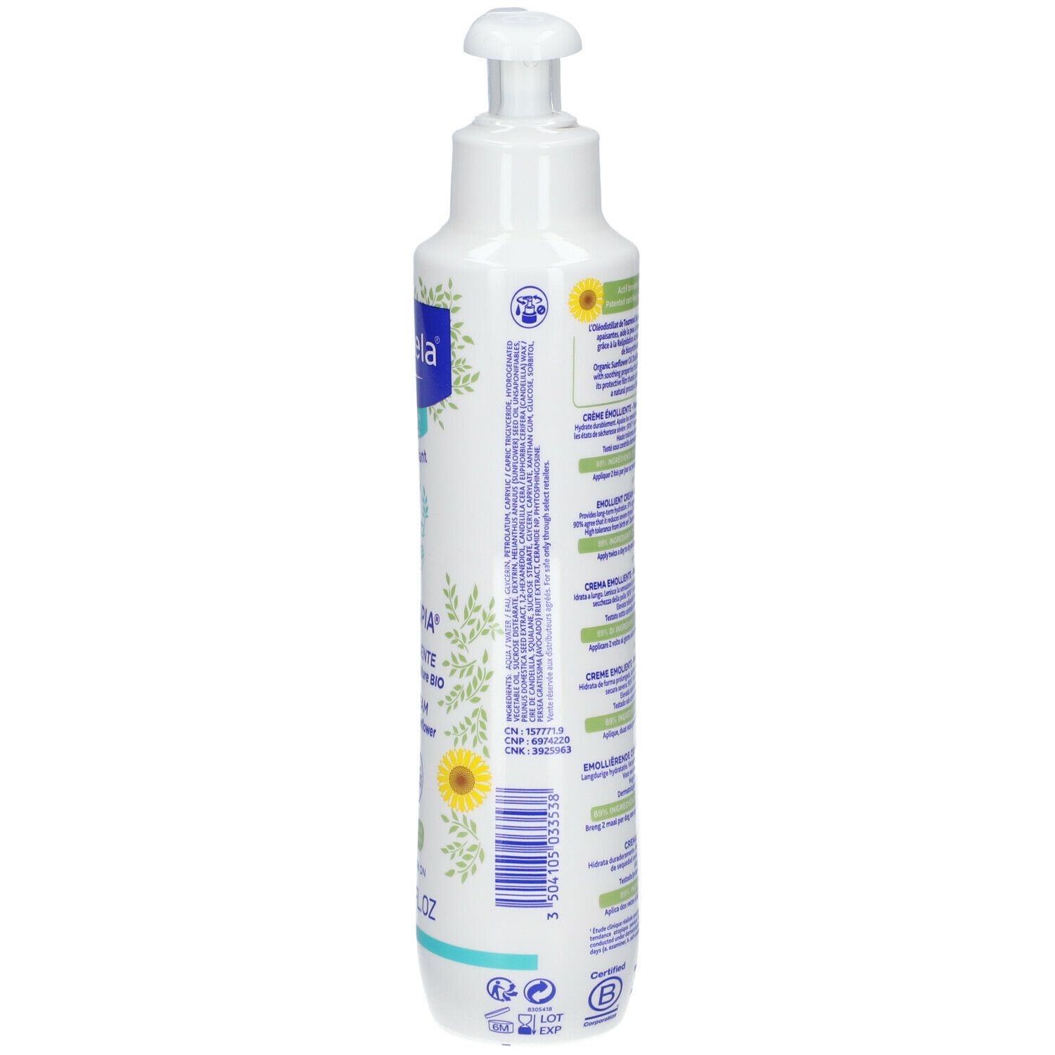 Flacone bianco con dosatore. Retro con testo e illustrazioni. Scritte Mustela, Stelatopia, crema.