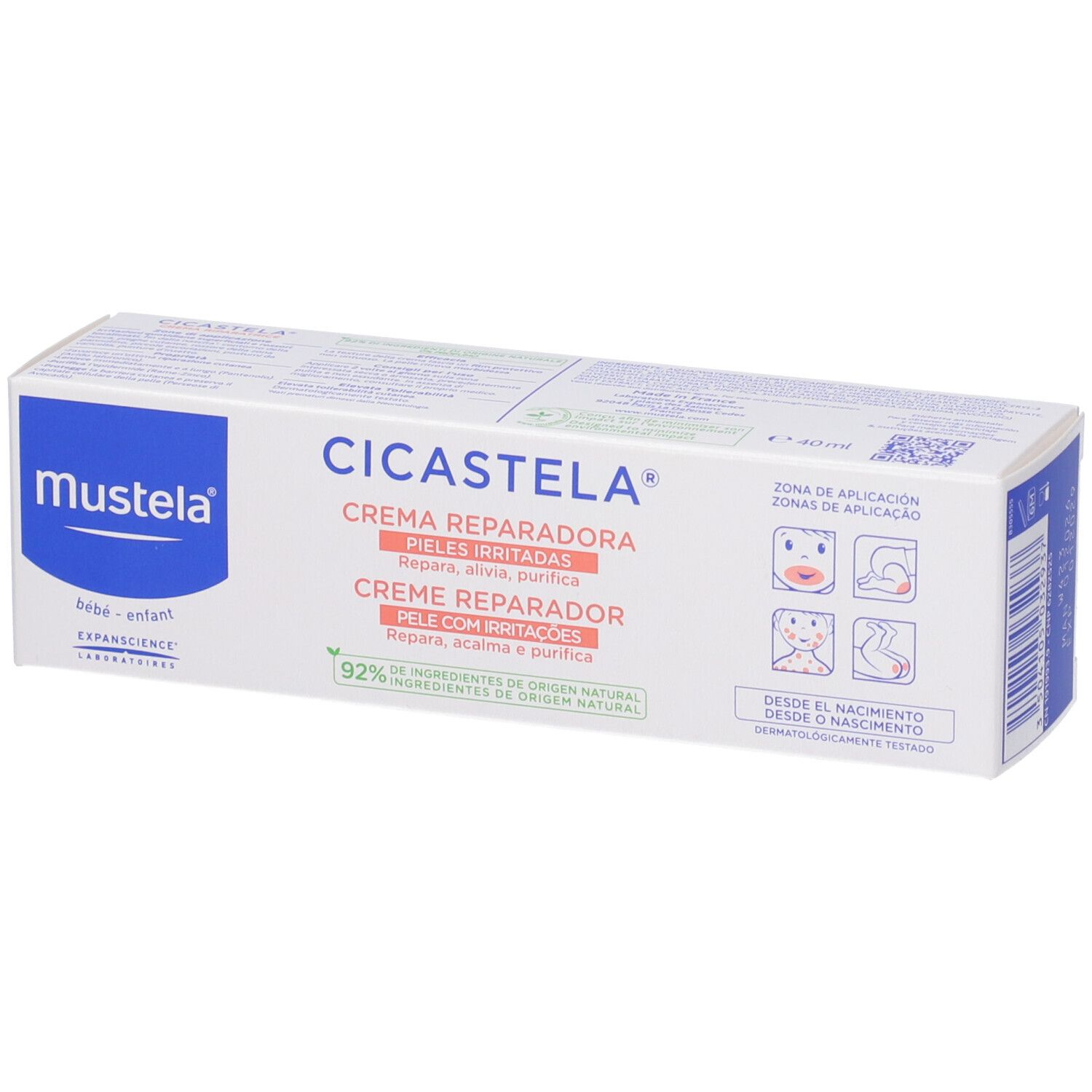 Mustela Cicastela Creme Reparaturcreme. Weiße Schachtel mit blauer und roter Schrift. 92% Inhaltsstoffe natürlichen Ursprungs.