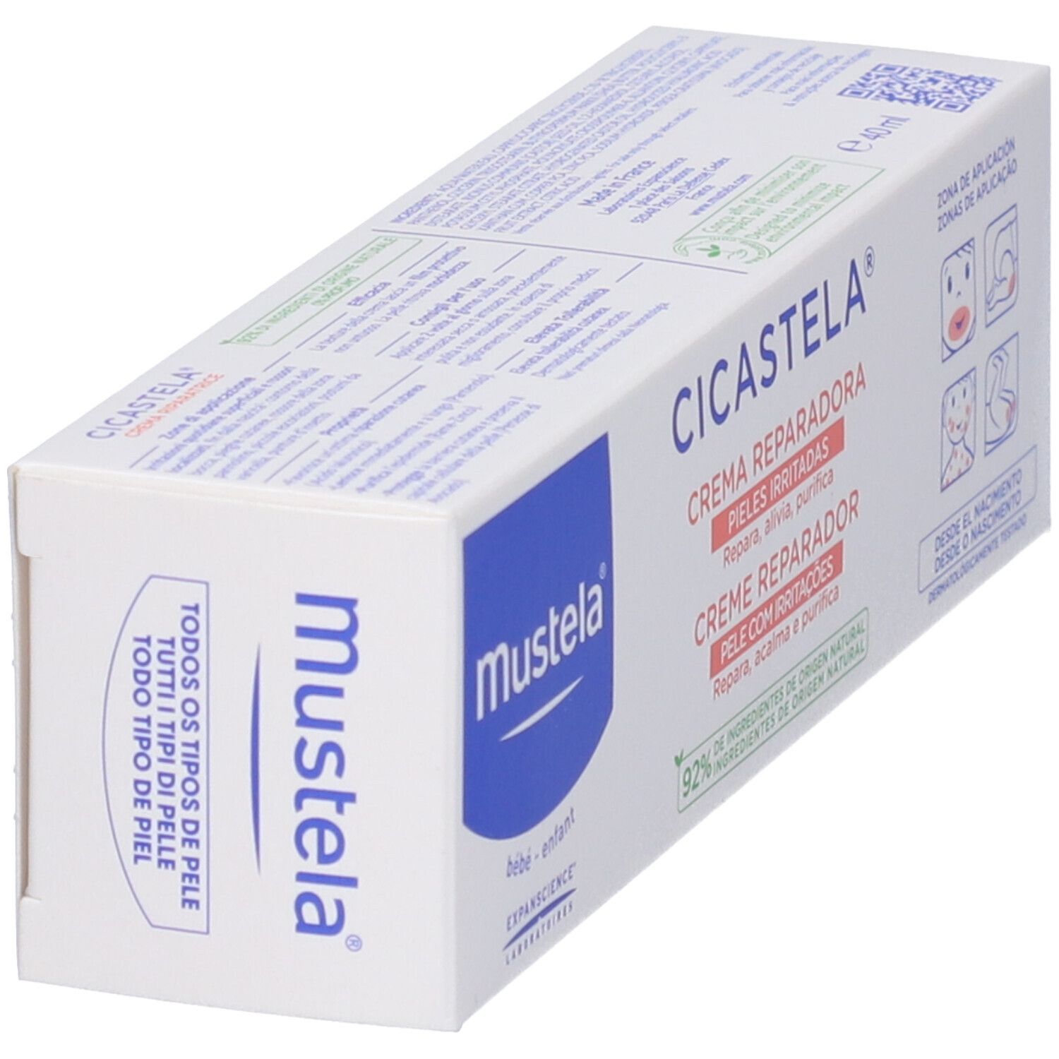 Mustela Cicastela Creme Reparaturcreme. Weiße Schachtel mit blauer und roter Schrift. Schräge Ansicht.