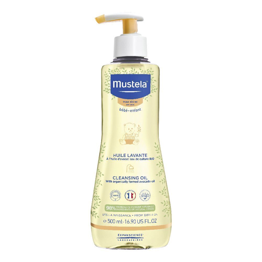 Flacone di olio detergente Mustela con dosatore. Scritta: Huile Lavante, Cleansing Oil. Contiene olio di avocado. Per neonati e bambini.