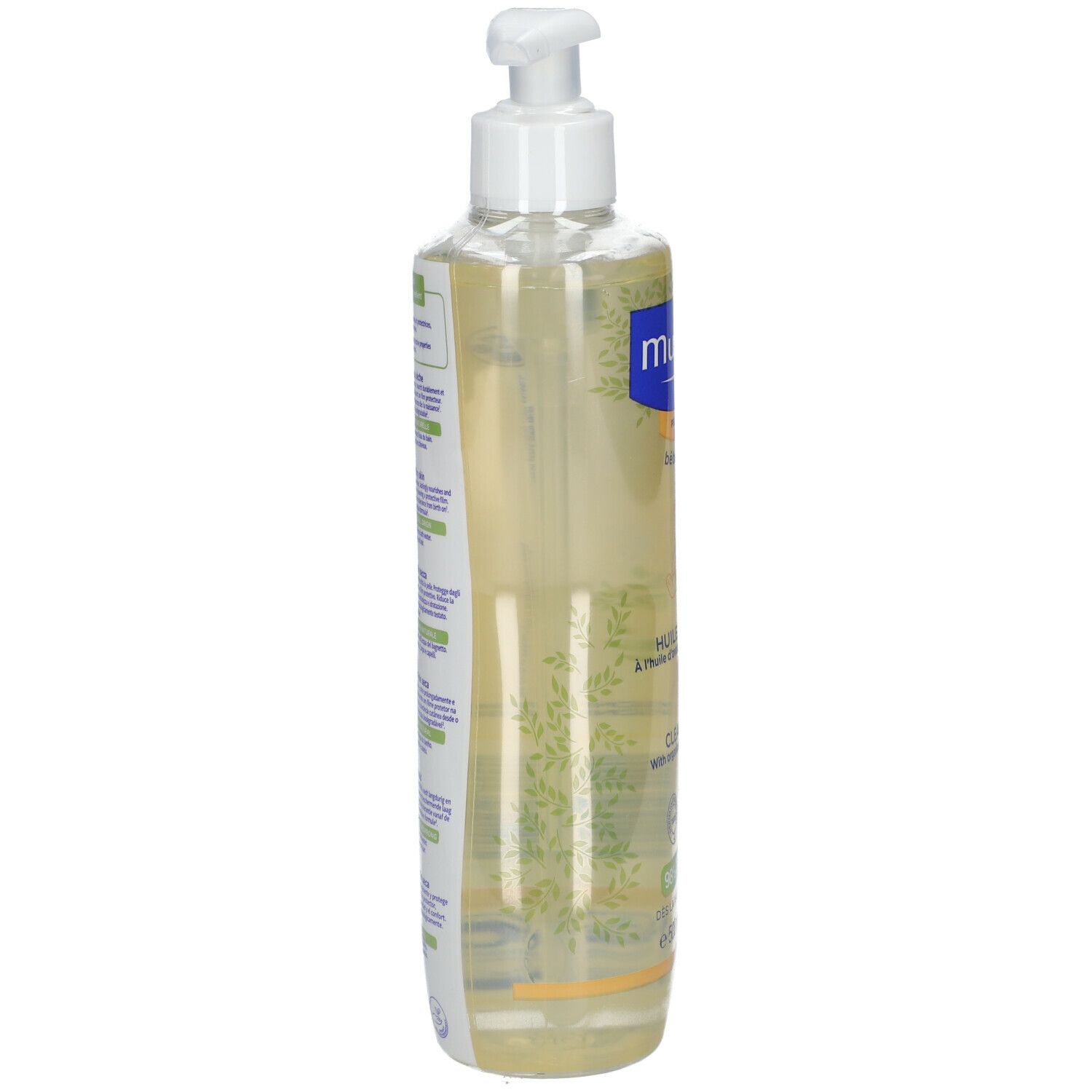 Flacone di olio detergente Mustela, vista laterale. Testo: Huile Lavante, Cleansing Oil. Contiene olio di avocado. Per neonati e bambini. Con dosatore.