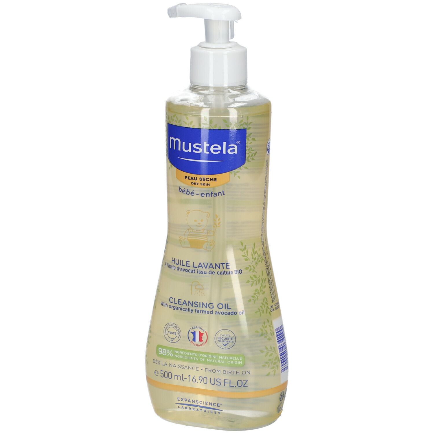 Flacone di olio detergente Mustela con dosatore. Scritta: Huile Lavante, Cleansing Oil. Per pelle secca. Per neonati e bambini.