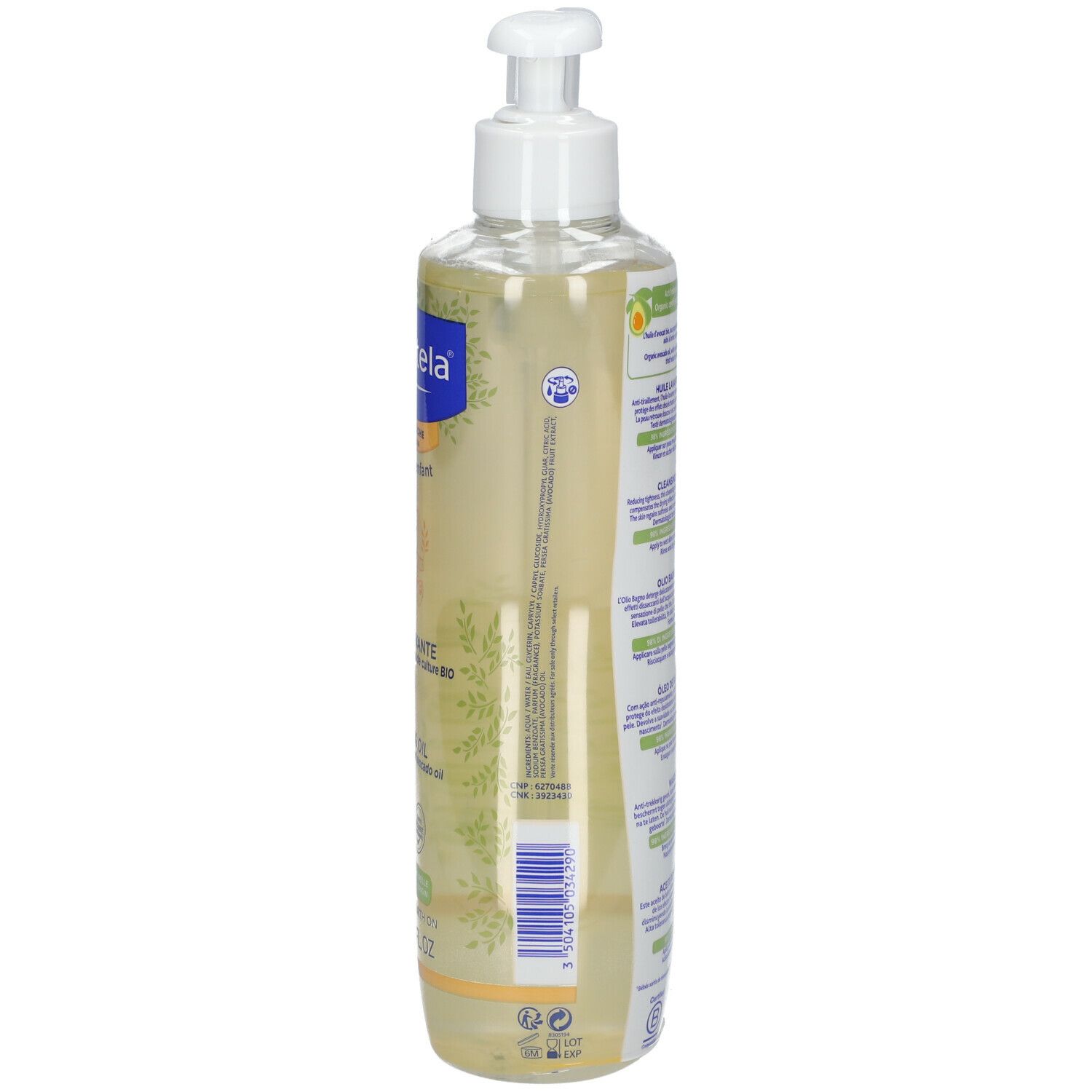 Flacone di olio detergente Mustela, vista laterale. Testo: Huile Lavante, Cleansing Oil. Per pelle secca. Per neonati e bambini. Con dosatore.