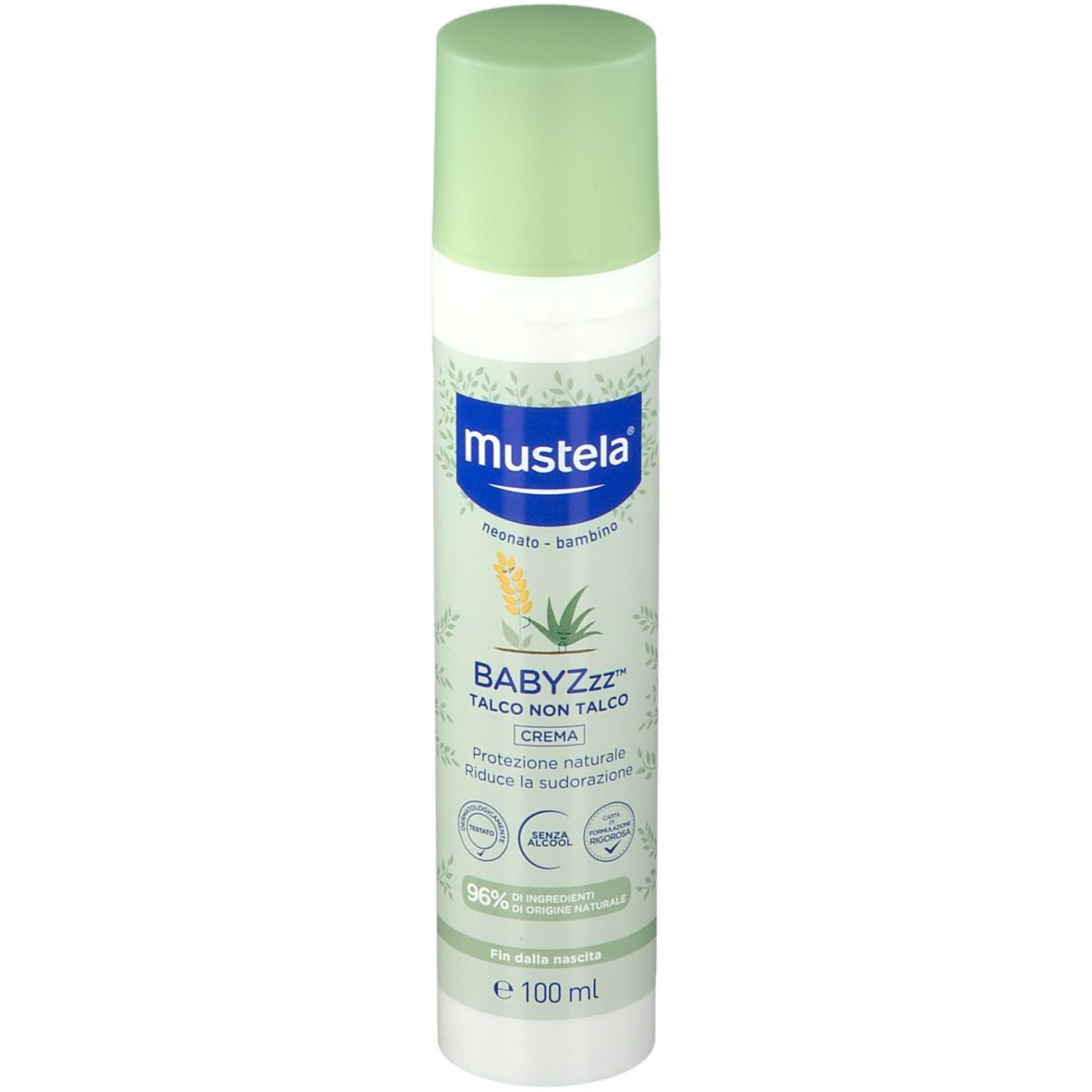 Mustela BABYZzz sans talc. Flacon blanc, bouchon vert. Inscription: BABYZzz Talco non talco. Crème. 96% ingrédients d'origine naturelle.