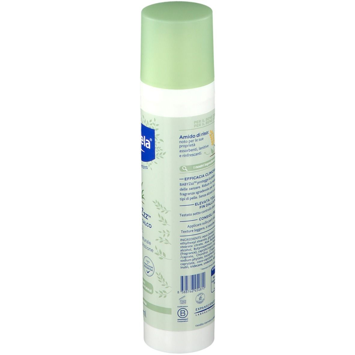Mustela BABYZzz sans talc. Flacon blanc, bouchon vert. Dos avec texte et logos. Contient amidon de riz, aloe vera et testé cliniquement.
