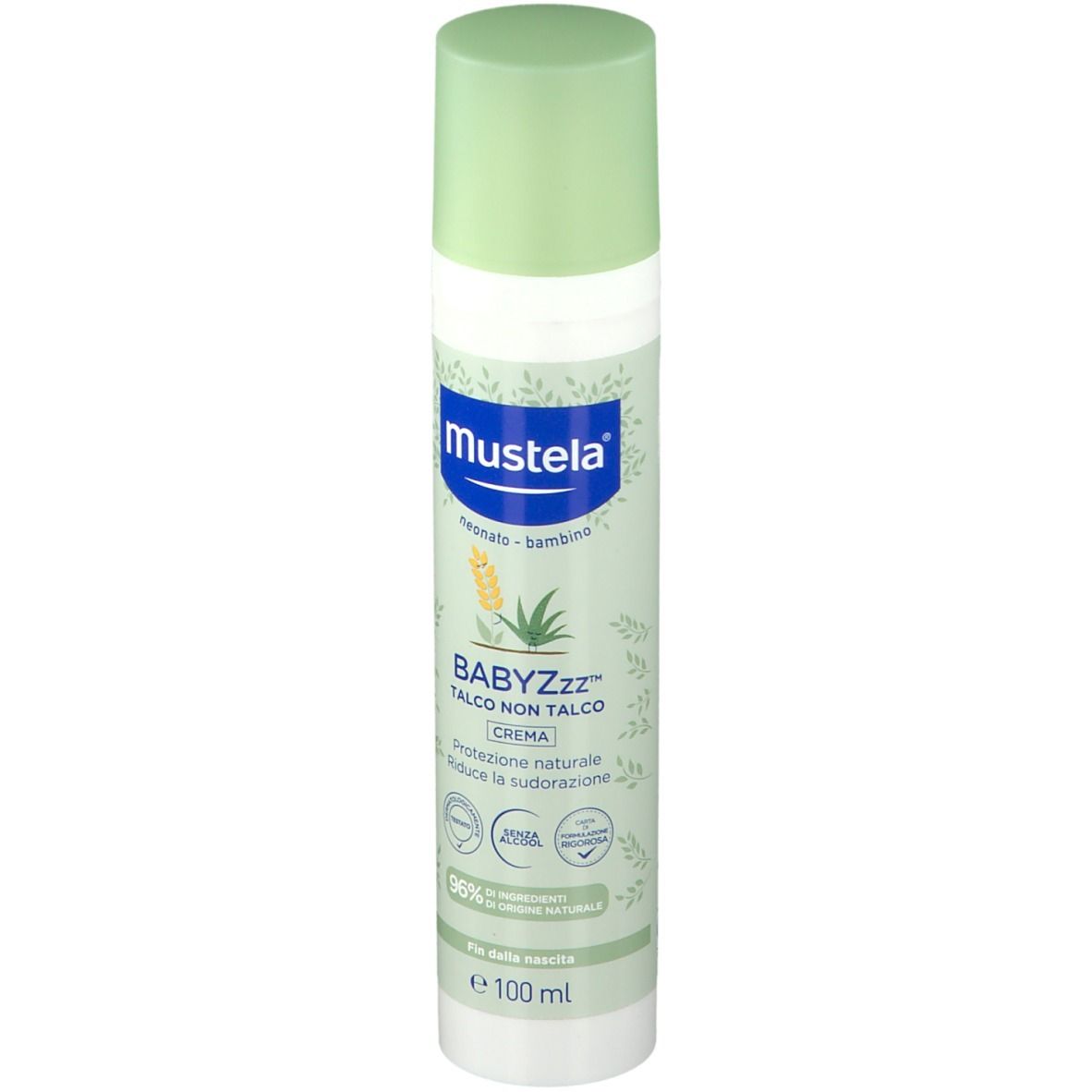 Mustela BABYZzz sans talc. Flacon blanc, bouchon vert. Inscription: BABYZzz Talco non talco. Crème. 96% ingrédients d'origine naturelle.