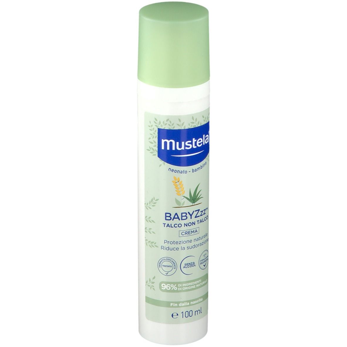 Mustela BABYZzz sans talc. Flacon blanc, bouchon vert. Inscription: BABYZzz Talco non talco. Crème. 96% ingrédients d'origine naturelle.