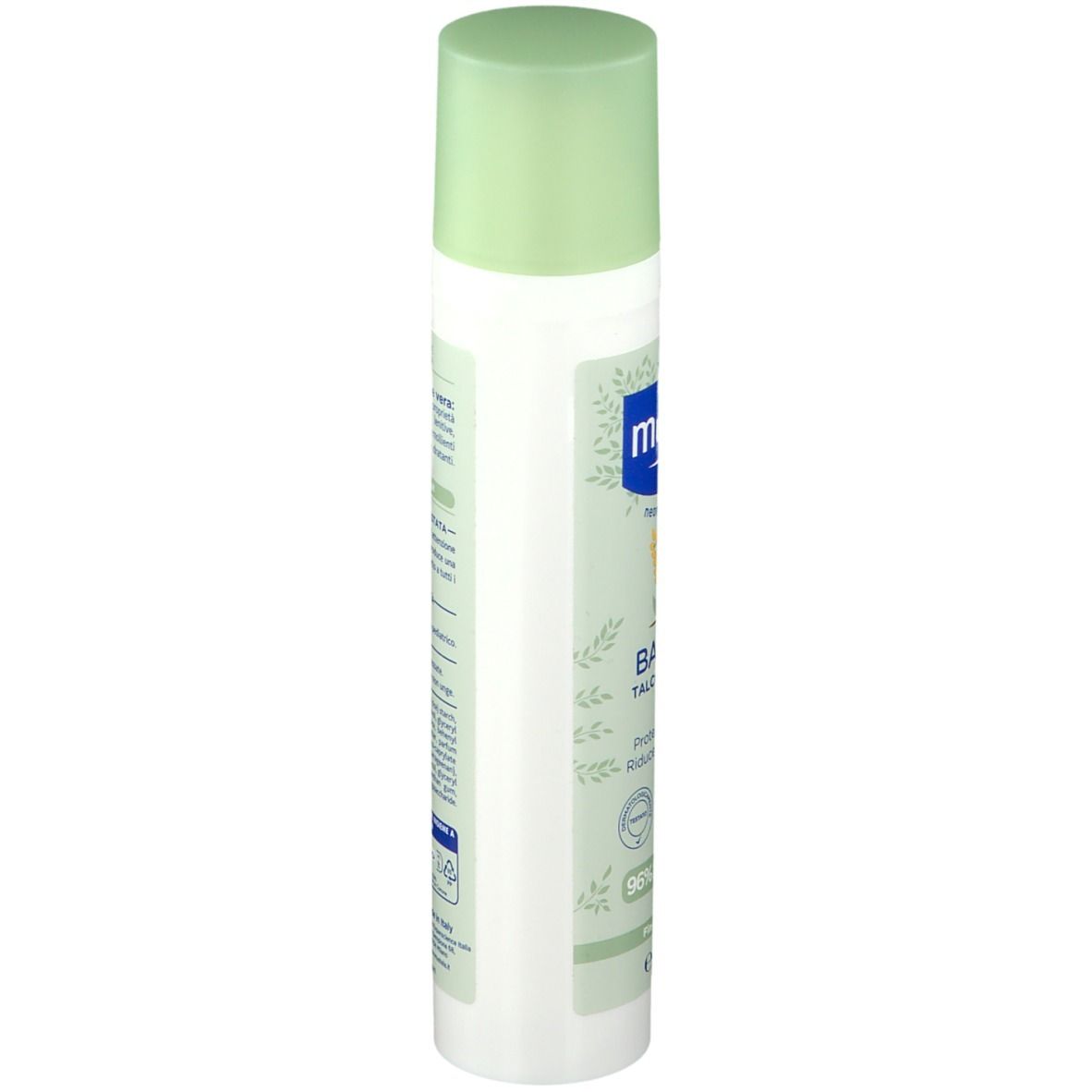 Mustela BABYZzz sans talc. Flacon blanc, bouchon vert. Dos avec texte et logos. 96% ingrédients d'origine naturelle.
