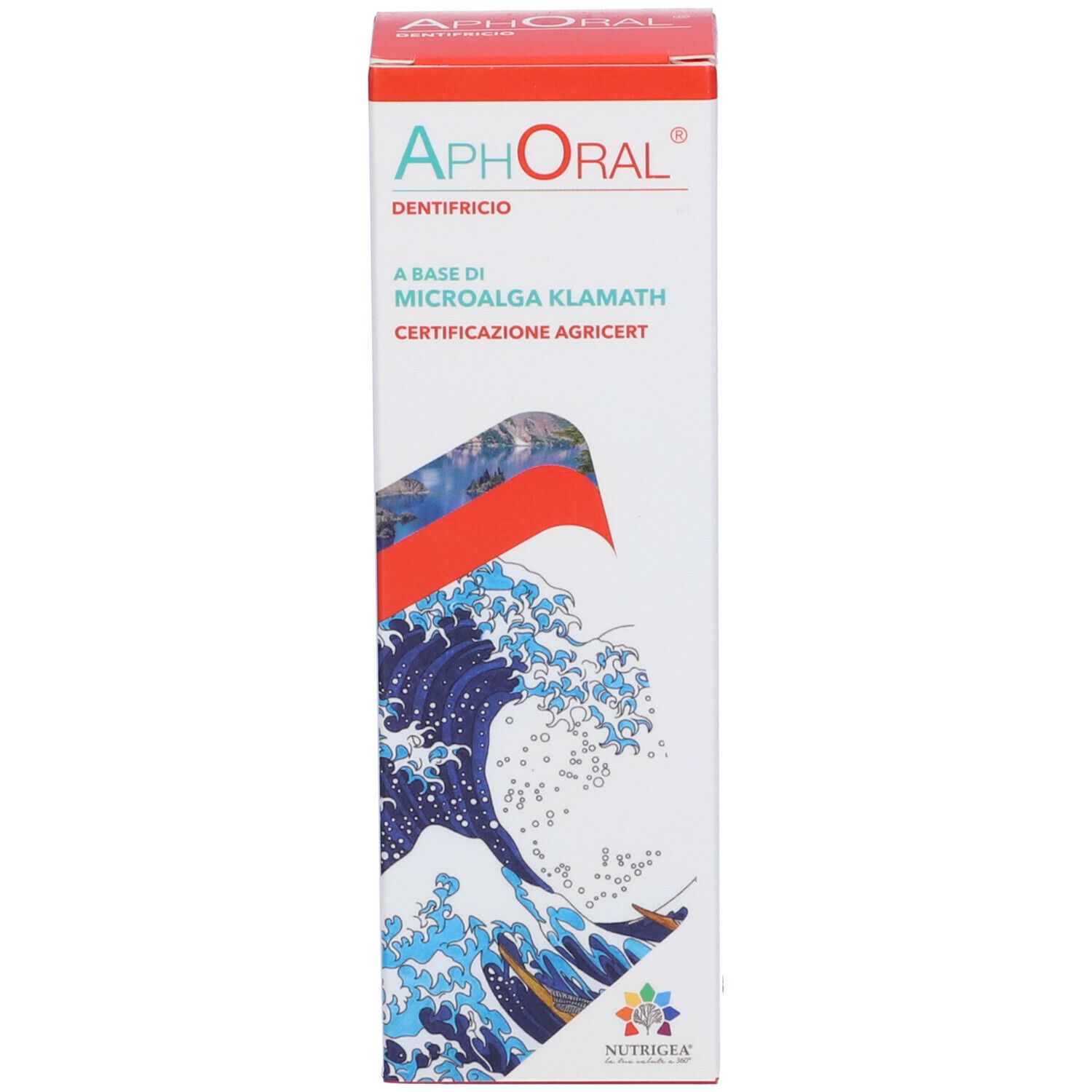 Scatola di dentifricio AphOral. Design con onde e testo: A base di Microalga Klamath. Certificazione Agricert.