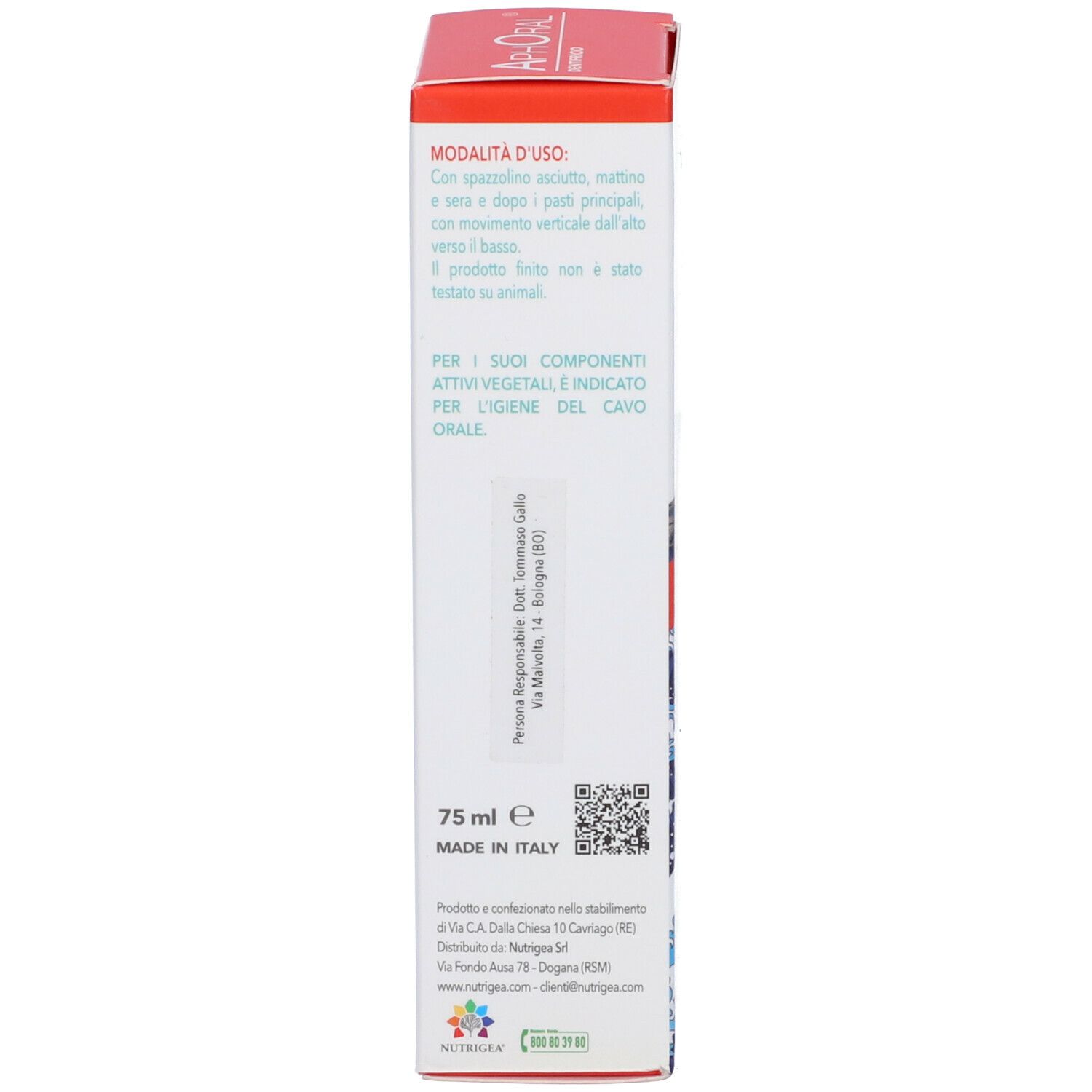 Lato della scatola di dentifricio AphOral. Contiene istruzioni per l'uso, informazioni del produttore e 75 ml.